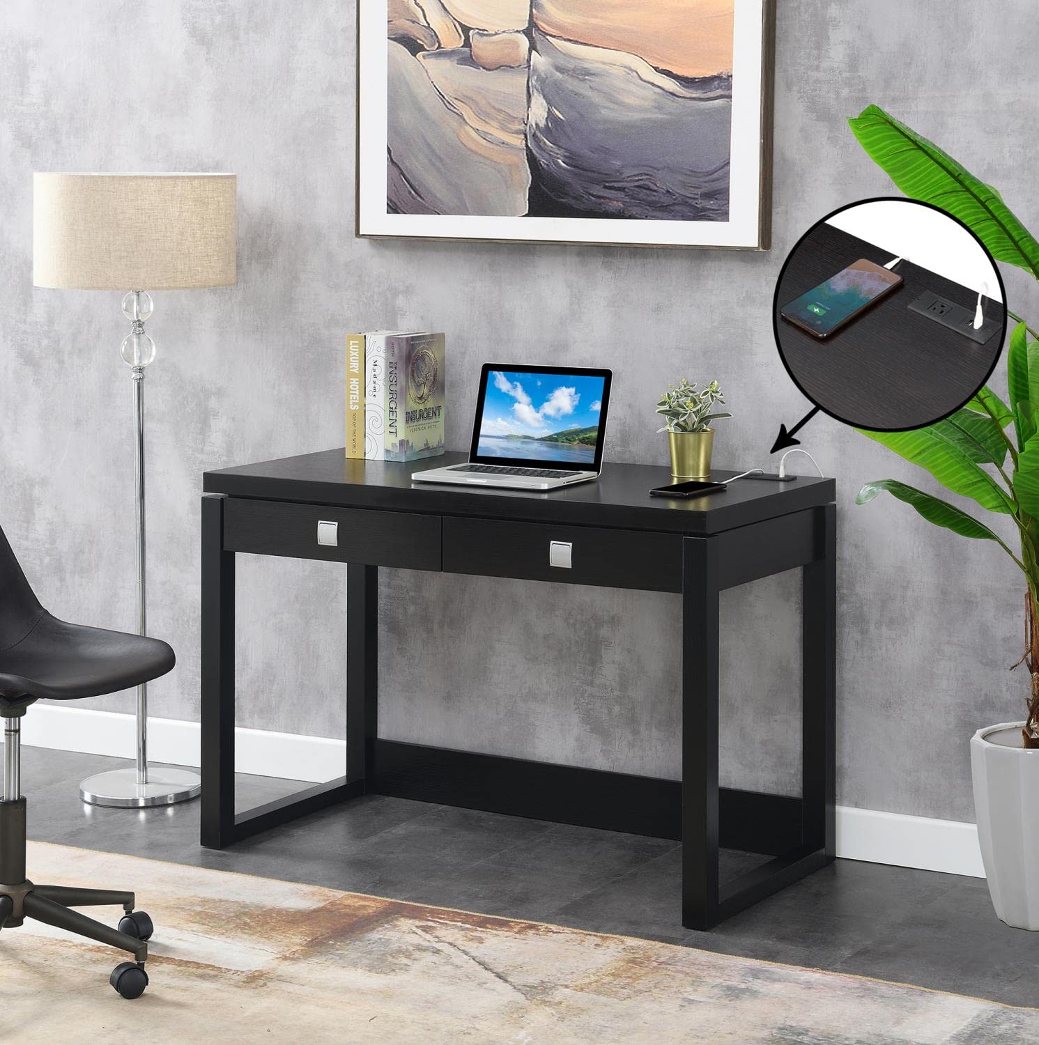 Convenience Concepts Newport 2-Drawer Writing Desk with Built-in USB Charging Station - Espresso/Black Finish - Perfect for Home Office, Study Room & Small Spaces