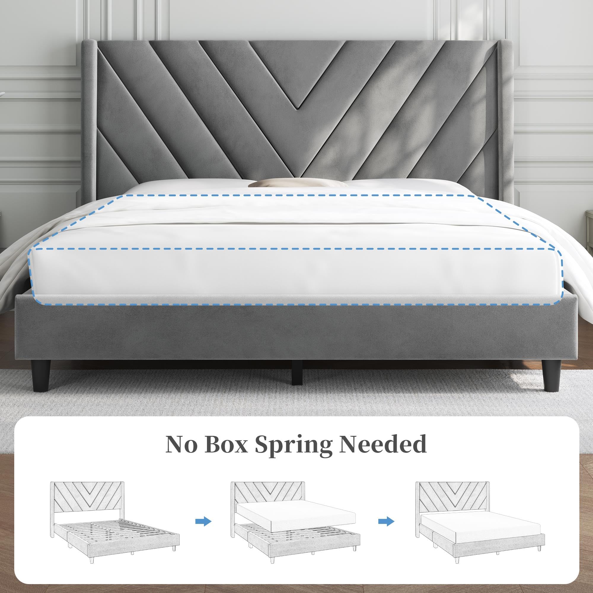 Yaheetech Upholstered Queen Size Platform Bed Frame with Wing Side Design, Wooden Slat Support & Tufted Headboard - No Box Spring Needed, Light Gray - Perfect for Modern Bedrooms, Guest Rooms & Small Spaces