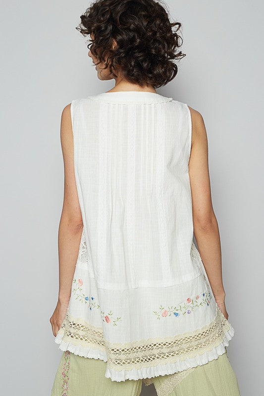 Embroidered Lace Detail V Neck Sleeveless Boho Blouse - Women's Summer Beach Cover Up, Casual Vacation Outfit, Festival & Party Wear