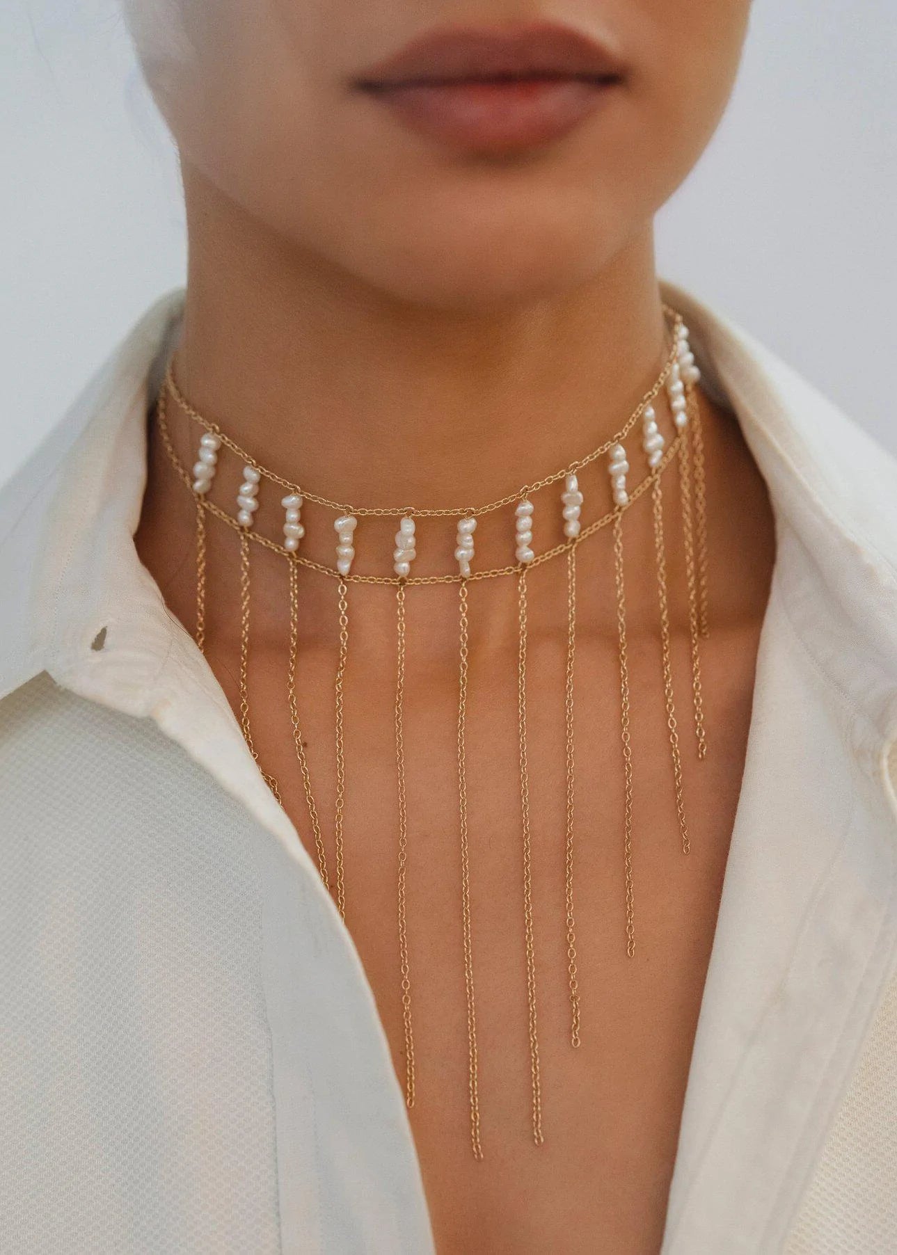 Elegant Waterfall Pearl Choker Necklace - Dainty Layered Pearls Jewelry for Women, Perfect for Weddings, Parties & Special Occasions