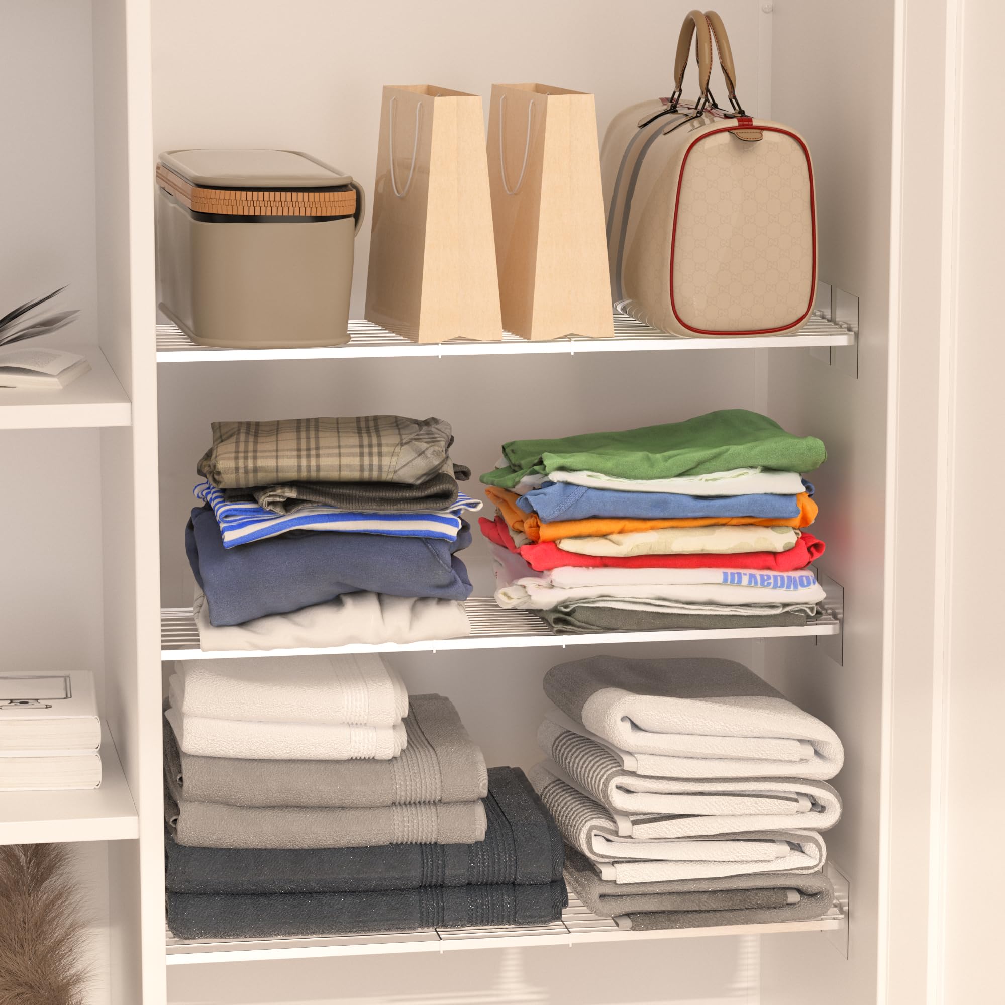 Expandable Closet Tension Shelves - Adjustable Wire Shelf Organizer for Cabinet, Wardrobe & Pantry | DIY Metal Divider for Kitchen, Bedroom & Bathroom Storage | Space-Saving Solution for Small Spaces