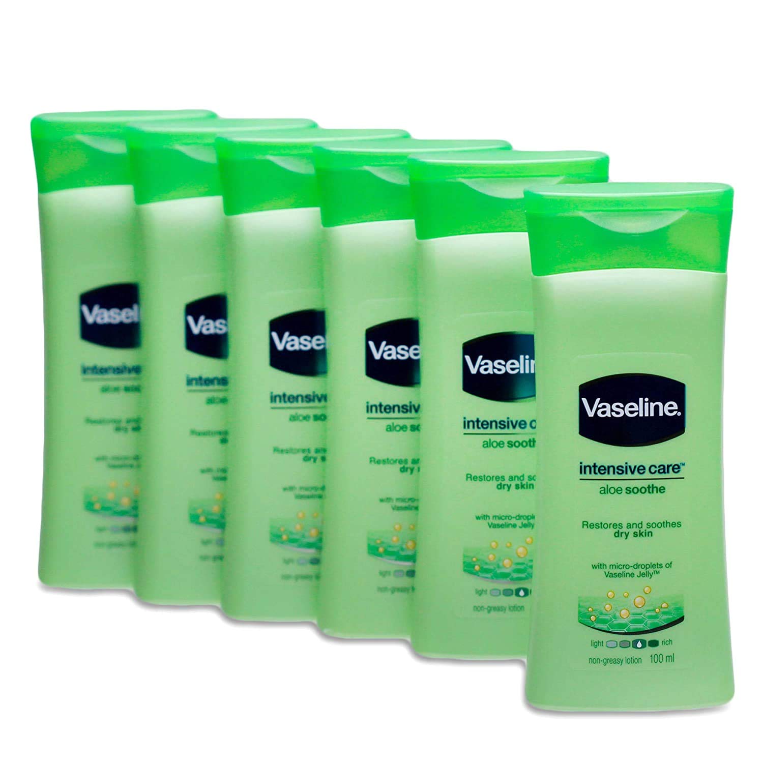 Vaseline Aloe Soothe Intensive Care Body Lotion - 6 Travel Packs (3.4 Fl Oz/100ml Each) - Non-Greasy, Moisturizing Lotion for Dry Skin - Perfect for Air Travel, Gym Bag & On-The-Go Hydration