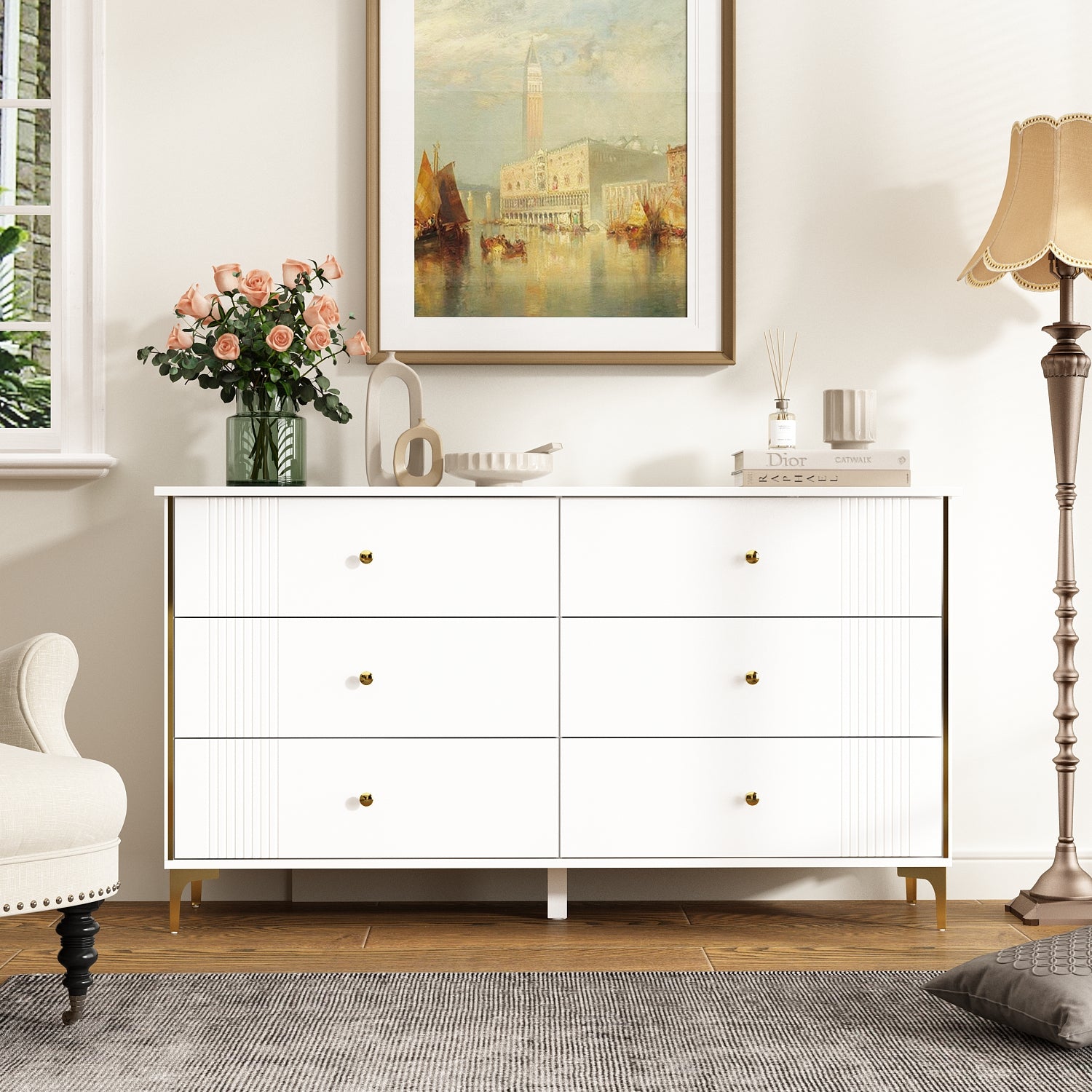 Modern 6-Drawer Sideboard Cabinet with Gold Handles & Metal Legs - 63