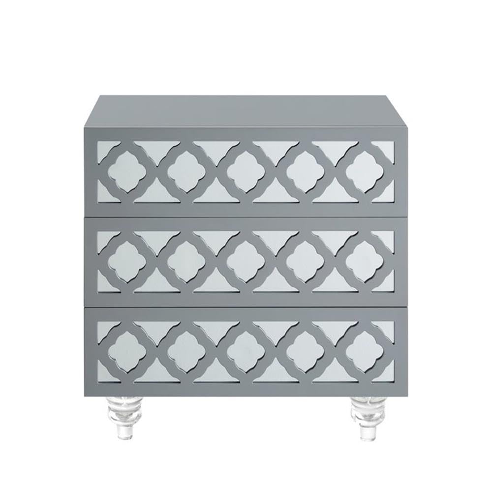 Serenity 3-Drawer Mirrored Trellis Pattern Nightstand in Light Gray - Elegant Bedside Table for Modern Bedroom Decor