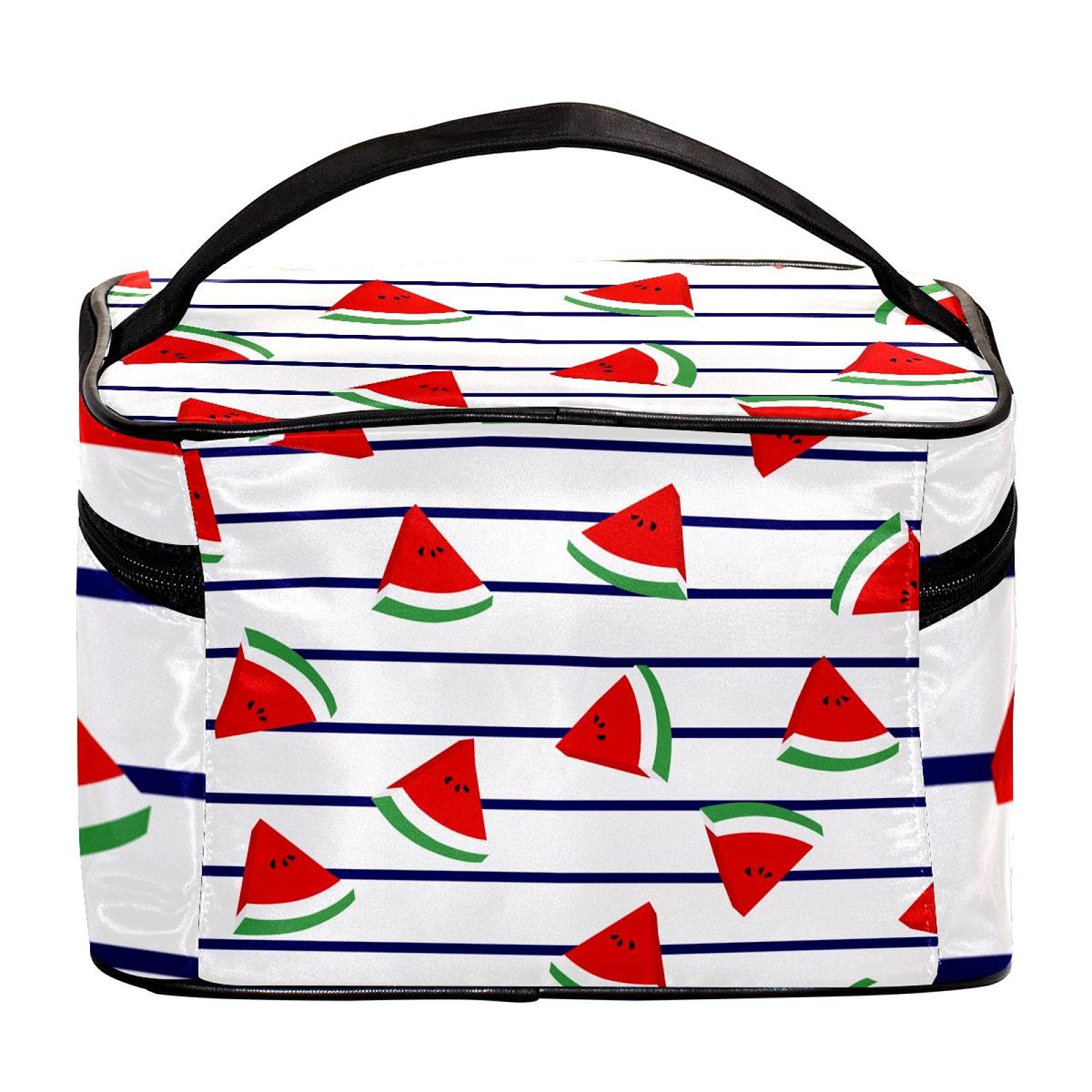 Watermelon Print Marine Stripes Travel Makeup Bag - Large Cosmetic Organizer with Zipper for Women & Girls | Perfect for Vacation, Gym, and Daily Essentials Storage