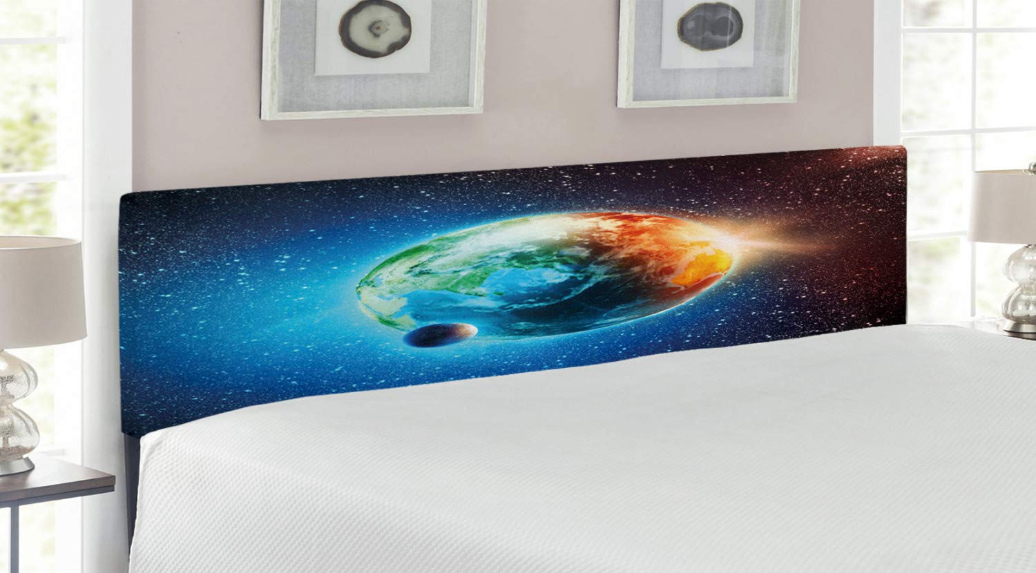 Ambesonne Earth Headboard - King Size Upholstered Metal Bed Headboard with Memory Foam, Majestic Galaxy Outer Space Design in Orange Blue Black | Perfect for Space-Themed Bedrooms, Kids Rooms & Modern Home Decor