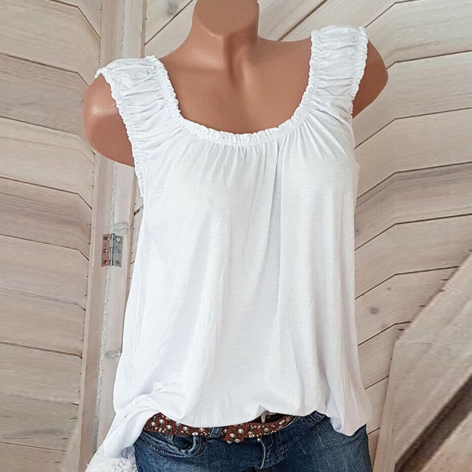 Women's Cute Summer Tank Tops - Loose Fit Ruffle Blouse with Round Neck & Sleeveless Design - Flowy Casual Vest Shirts for Beach, Vacation & Everyday Wear