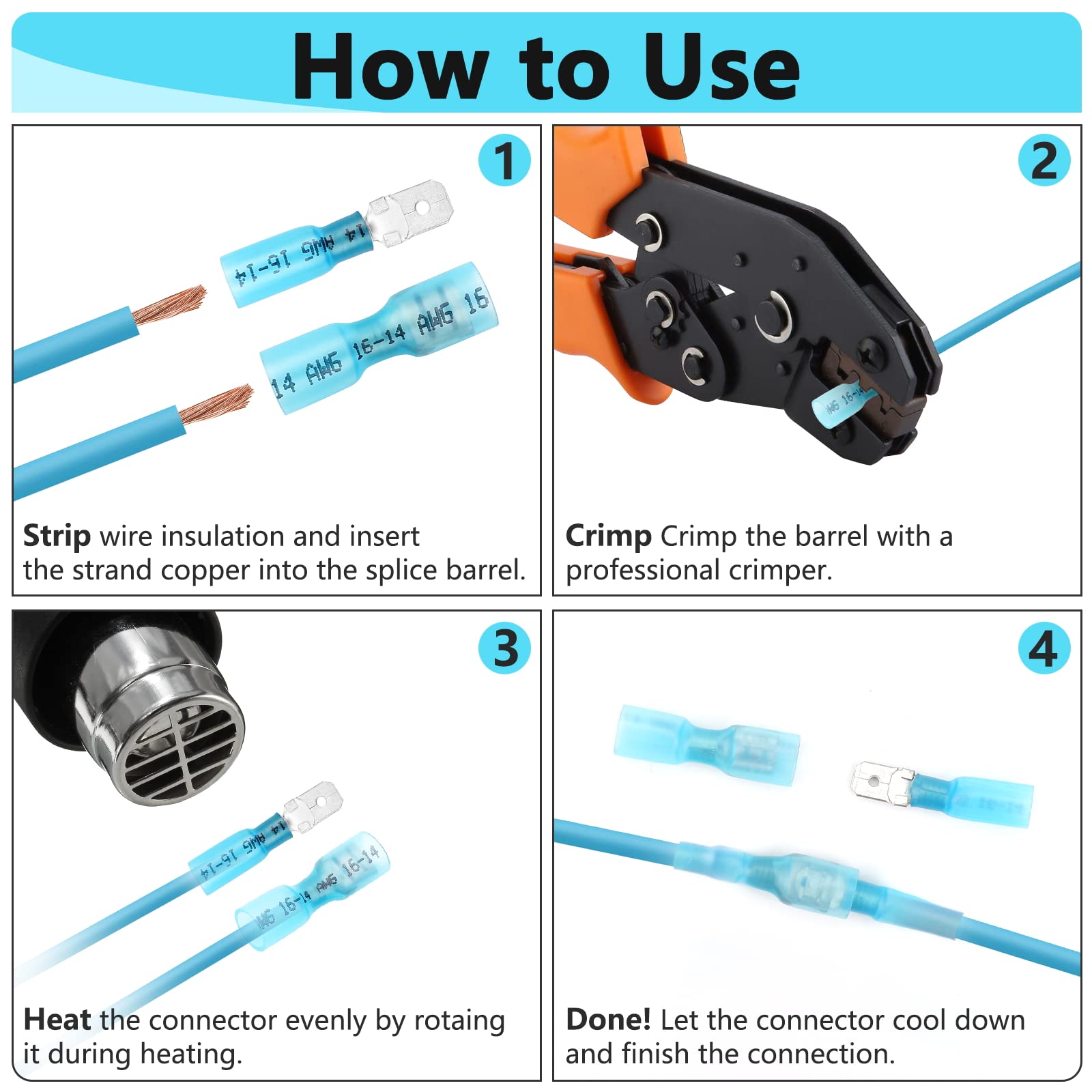 250 Pcs Heat Shrink Spade Connectors - Male & Female Insulated Quick Disconnect Electrical Terminals (22-10 AWG) for Automotive, Marine & Home Wiring Applications