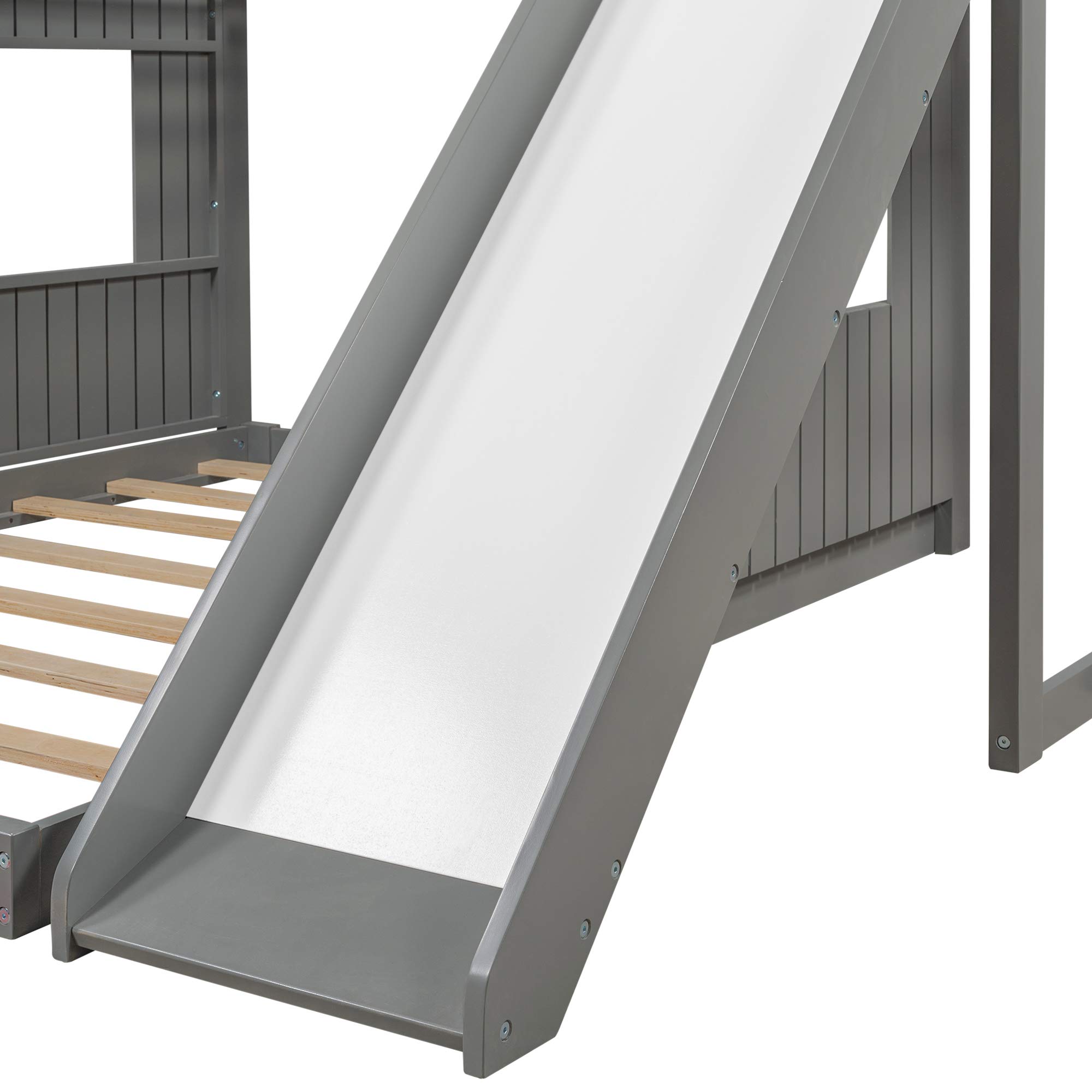 Quarte Twin Over Full Bunk Bed with Slide & Ladder - Solid Wood Loft Bed Frame with Playhouse, Farmhouse Design & Safety Guardrails - Perfect for Teens, Kids, Toddlers, Boys & Girls (Gray-9) - Ideal for Small Bedrooms, Kids' Rooms & Shared Spaces