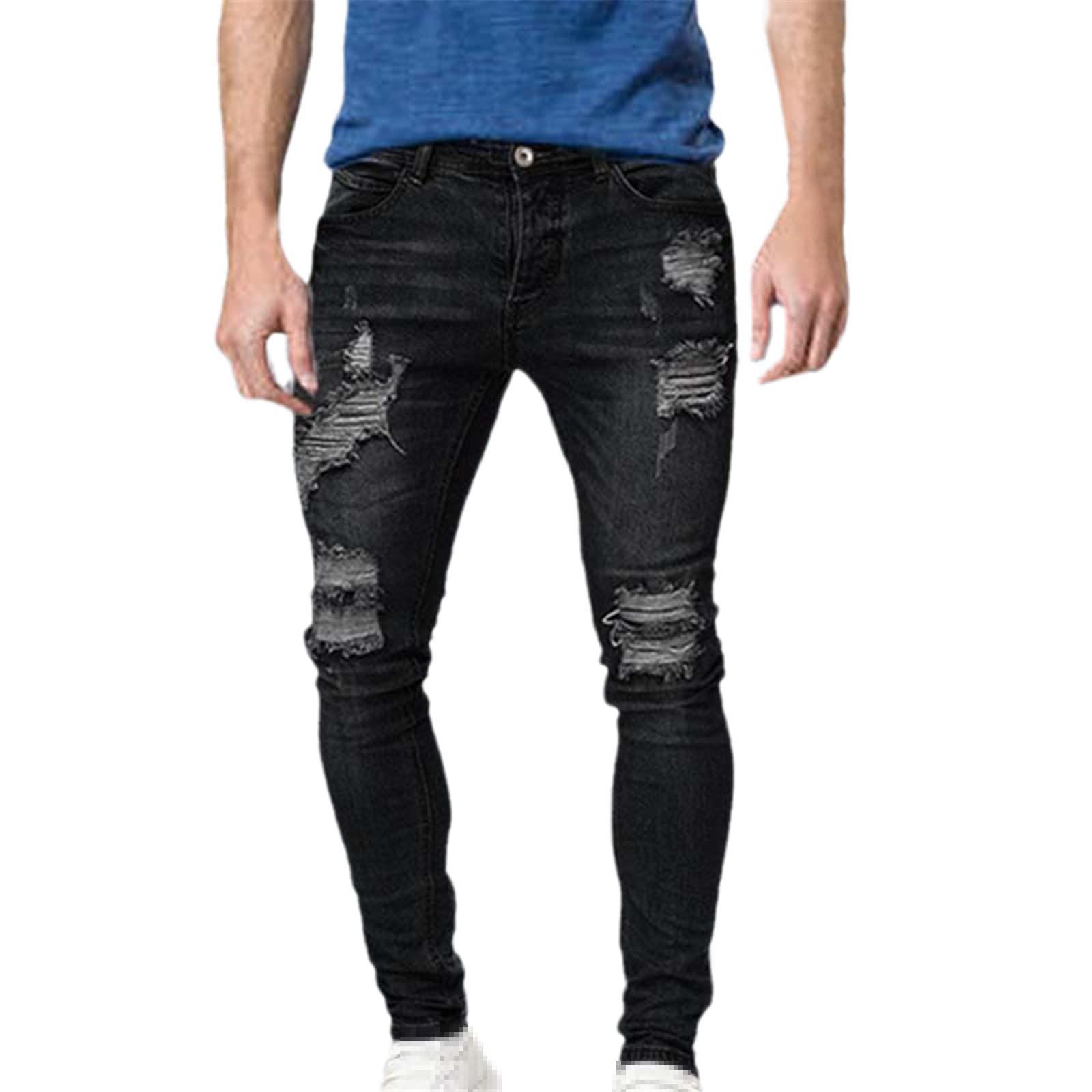 Men's Slim Fit Ripped Skinny Jeans - Stretch Denim Pants with Distressed Holes | Blue Biker Jeans for Casual Wear & Night Out | Trendy Streetwear & Fashion Clothing