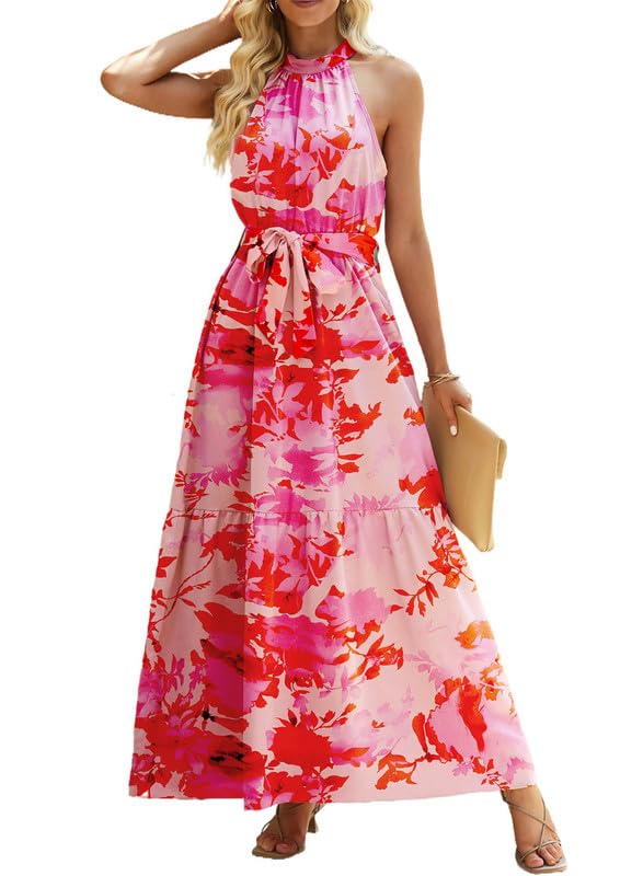 Elegant Floral Bohemian Maxi Dress for Women - Summer Wedding Guest & Bridesmaid Dress with Halter Neck & Belt | Perfect for Beach Weddings, Garden Parties & Special Occasions