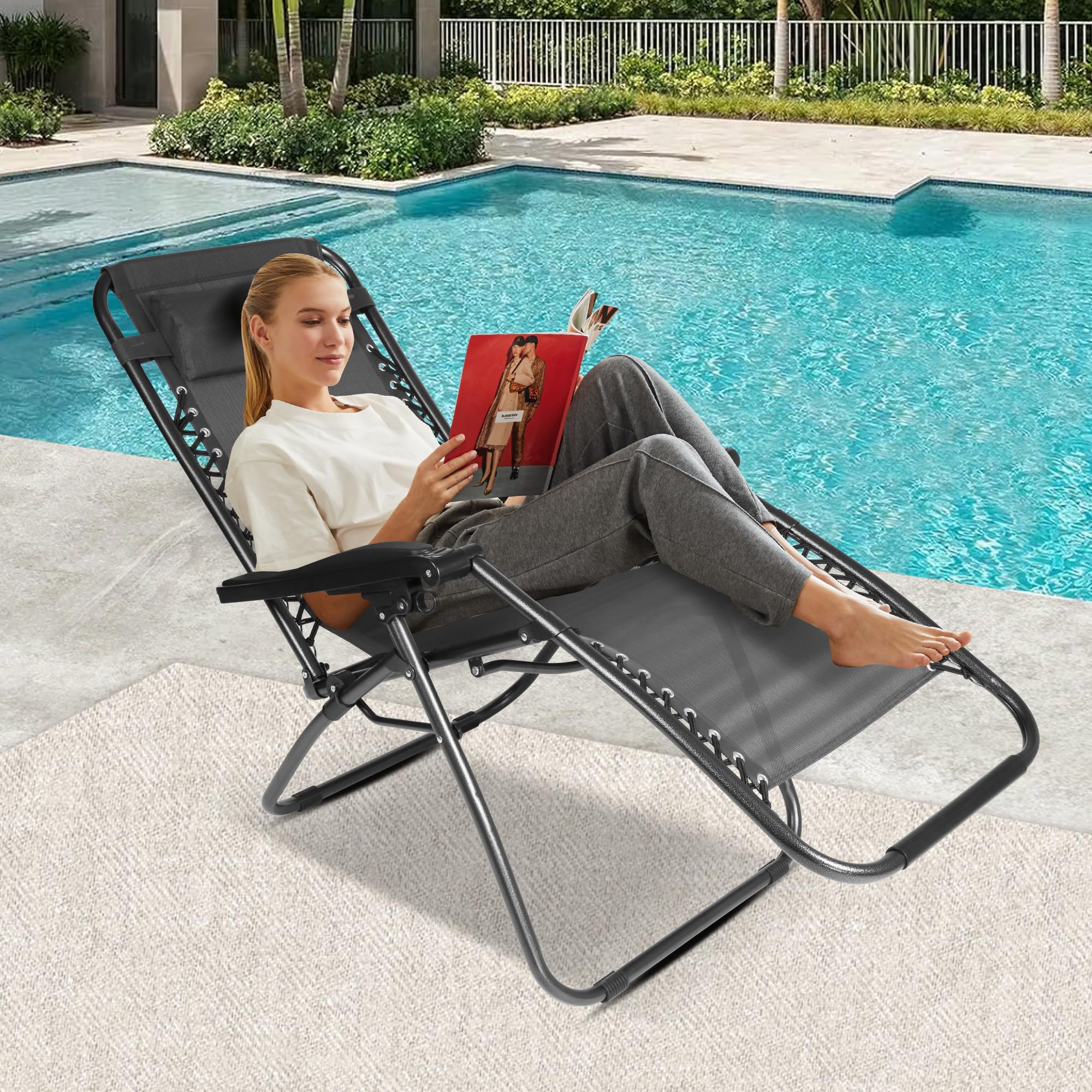 LUCKYERMORE Adjustable Zero Gravity Chairs Set of 2 - 300 LBS Capacity Outdoor Folding Recliners with Pillow, Lightweight Portable Lounge Chairs for Poolside, Beach, Lawn, Patio & Backyard Relaxation - Grey