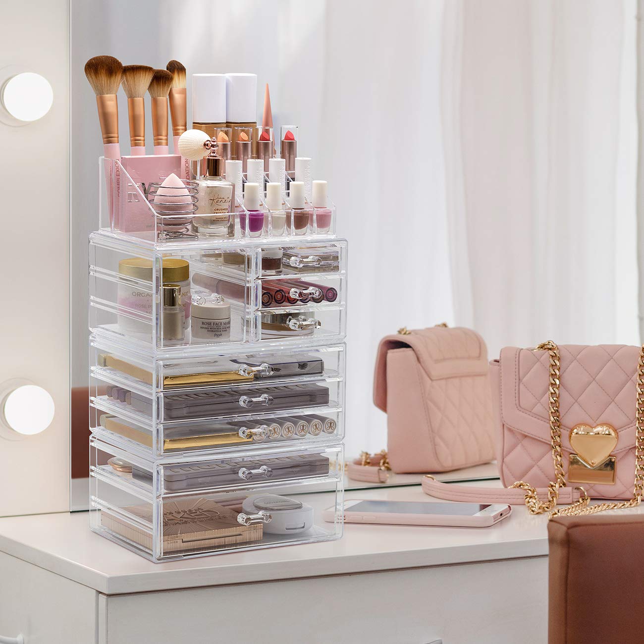 Sorbus Large Clear Makeup Organizer Set - 4-Piece Detachable Jewelry & Cosmetic Storage with Display Tower - Vanity, Bathroom, Dresser & Countertop Organizer for Women | Perfect for Makeup Display, Jewelry Storage & Beauty Product Organization