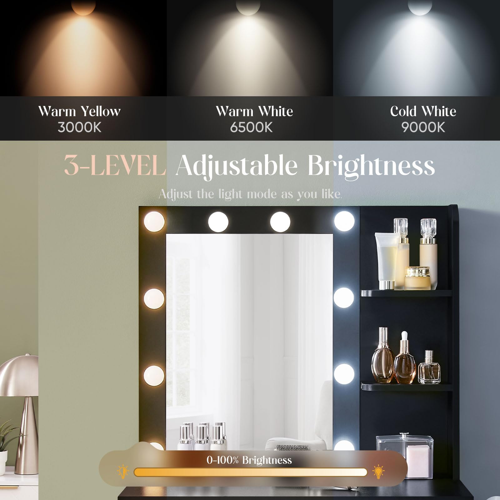 Vanity Desk with Mirror and Lights - Modern Dressing Table with LED Lights, Adjustable Brightness for Makeup & Skincare - Perfect for Bedroom, Dorm, or Salon (White)