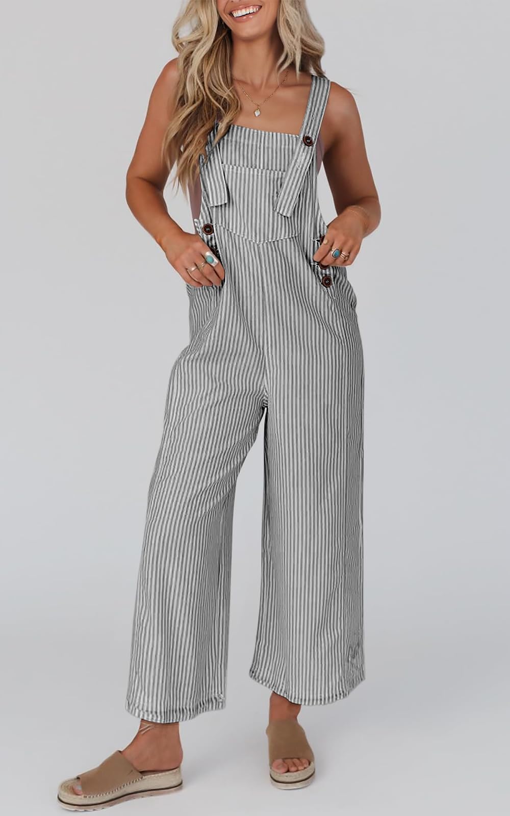 PRETTYGARDEN Women's Summer 2025 Casual Wide Leg Sleeveless Striped Jumpsuit - Trendy Button Front Romper for Beach, Vacation & Street Style Outfits