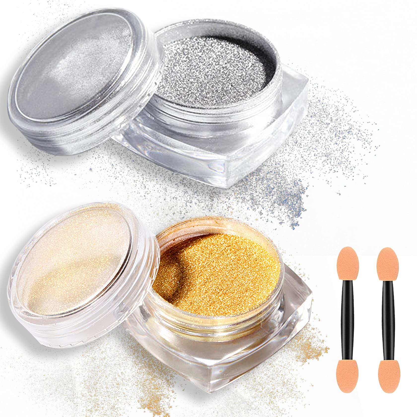 2 Colors Gold & Silver Chrome Nail Powder - Holographic Metallic Nail Art Powder with Mirror Glitter Effect | Professional Chrome Pigment Dust with Sponge Applicator | Perfect for Nail Salon, DIY Manicure & Home Nail Art Designs