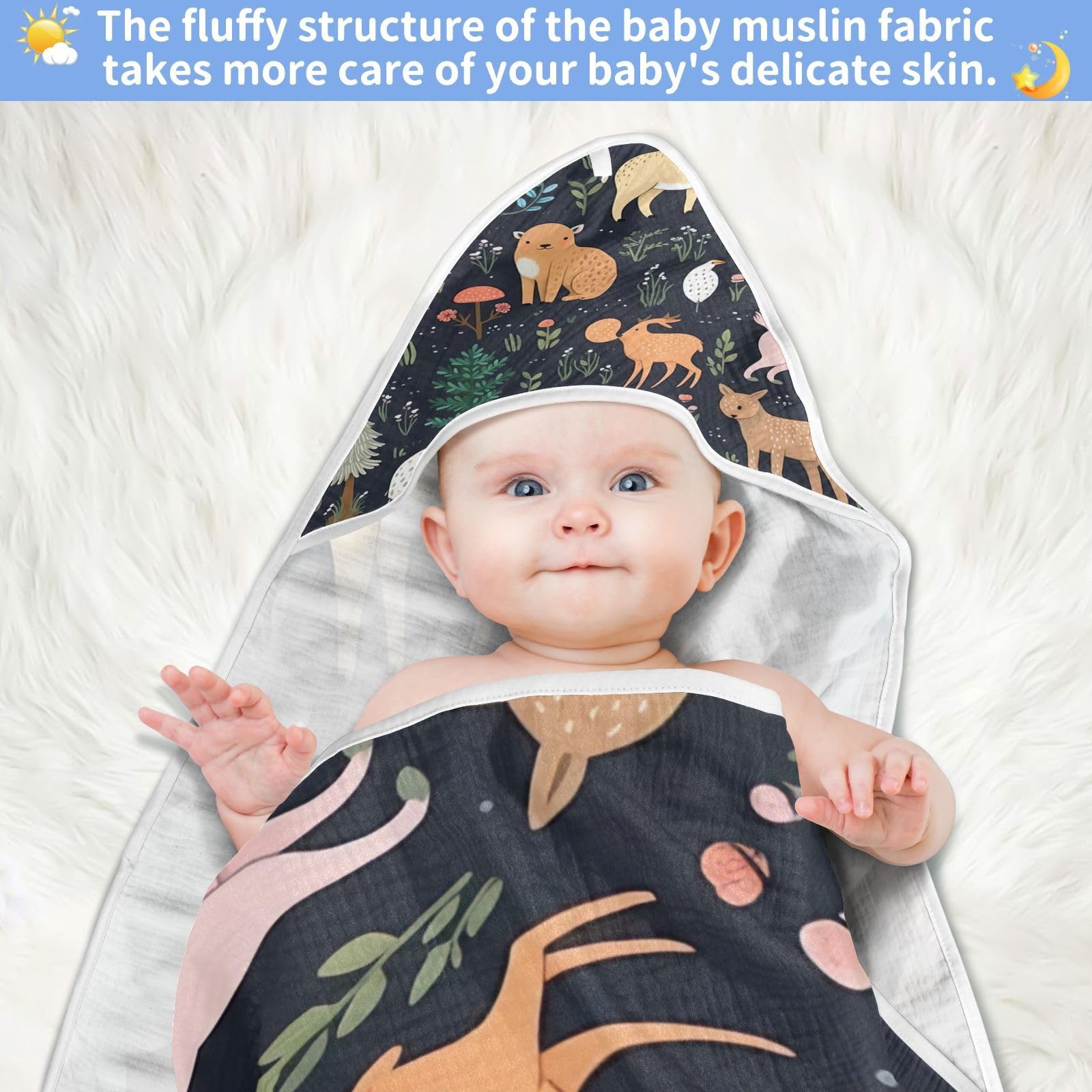 Cute Forest Animals Baby Hooded Towel - Ultra Soft & Absorbent 30x30 Inch Bath Towel for Newborn, Infant & Toddler | Unisex Shower Towel for Bath Time, Swimming & Beach