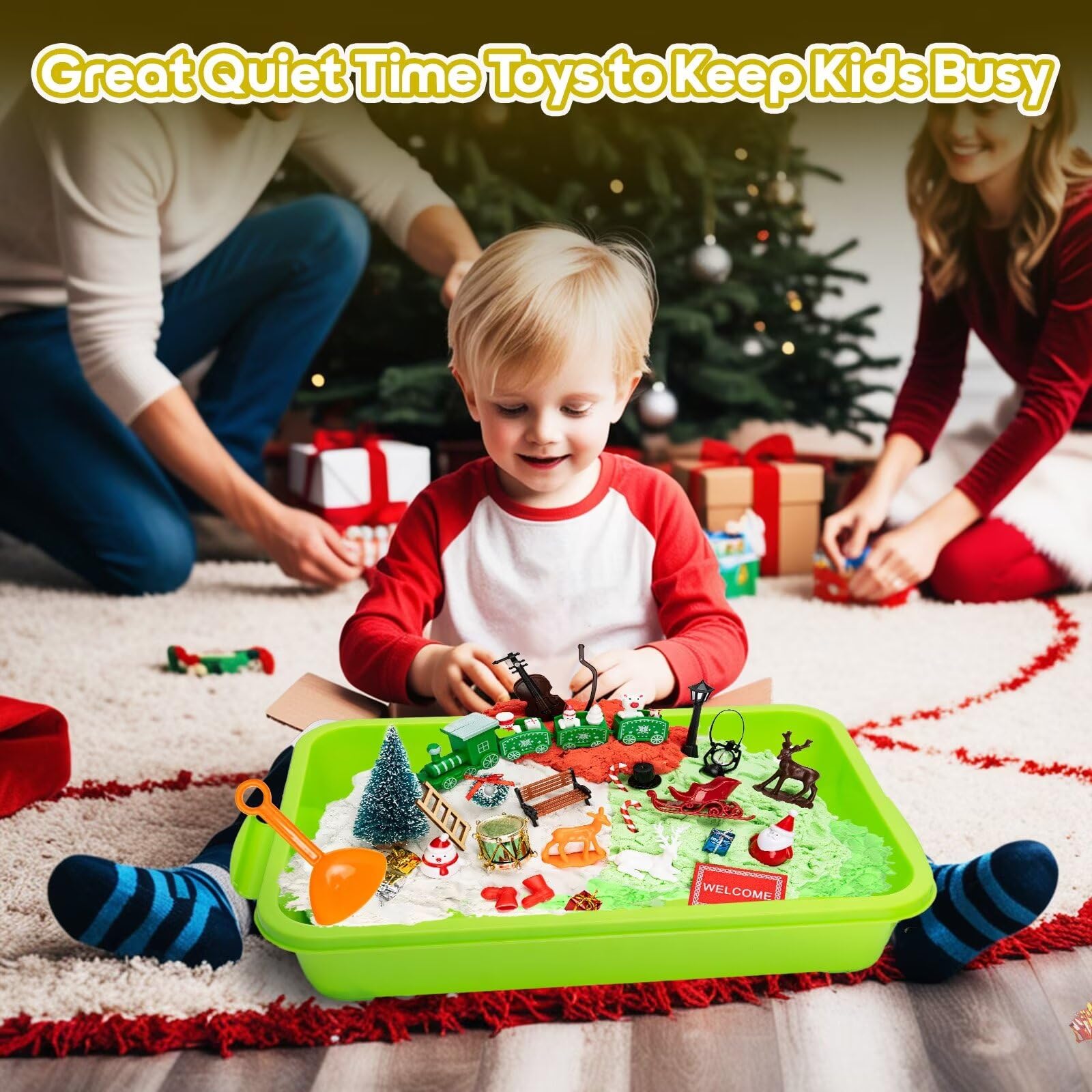 Christmas Sensory Bin Toys for Toddlers Ages 3-8 - Sand Art Play Kit with Xmas Figurine Ornaments, Preschool Learning Sandbox Toys for Winter Activities - Perfect Stocking Stuffers Gifts for Boys & Girls - Great for Holiday Playtime, Classroom Sensory Activities & Christmas Party Favors