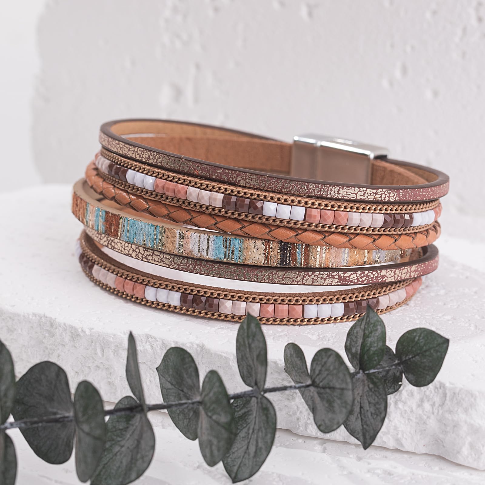 Boho Leather Wrap Bracelets for Women - Trendy Magnetic Clasp Layered Bracelets Set, Adjustable Bohemian Jewelry Gift for Her | Perfect for Festivals, Beach Parties & Everyday Boho Chic Style