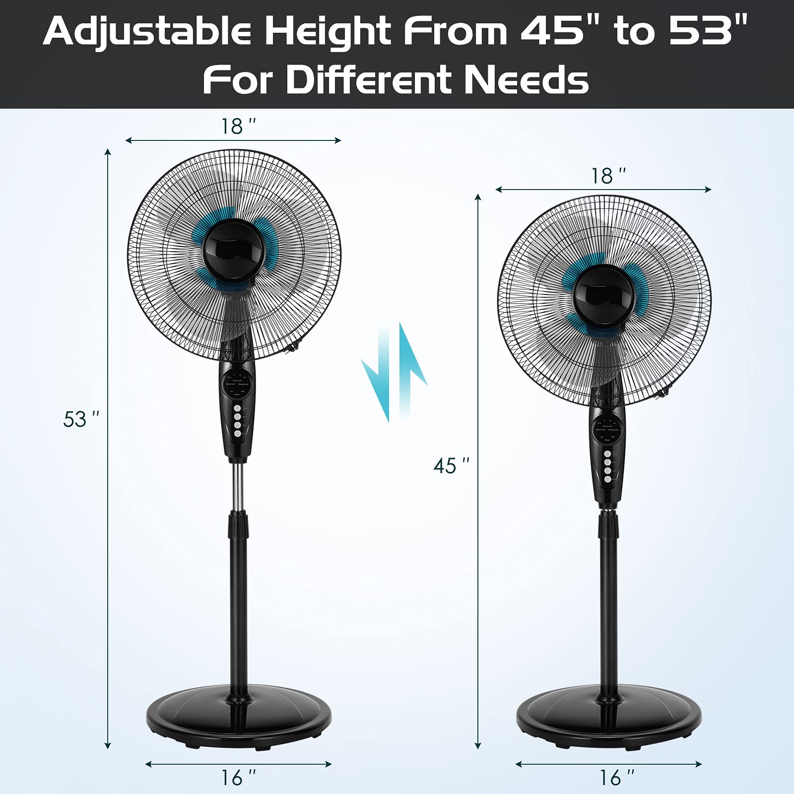 Happygrill 18 Inch Quiet Oscillating Pedestal Fan with Remote Control - 3-Speed Adjustable Standing Fan with Timer & LCD Display - Height Adjustable for Home, Office, Bedroom, Living Room & Outdoor Use