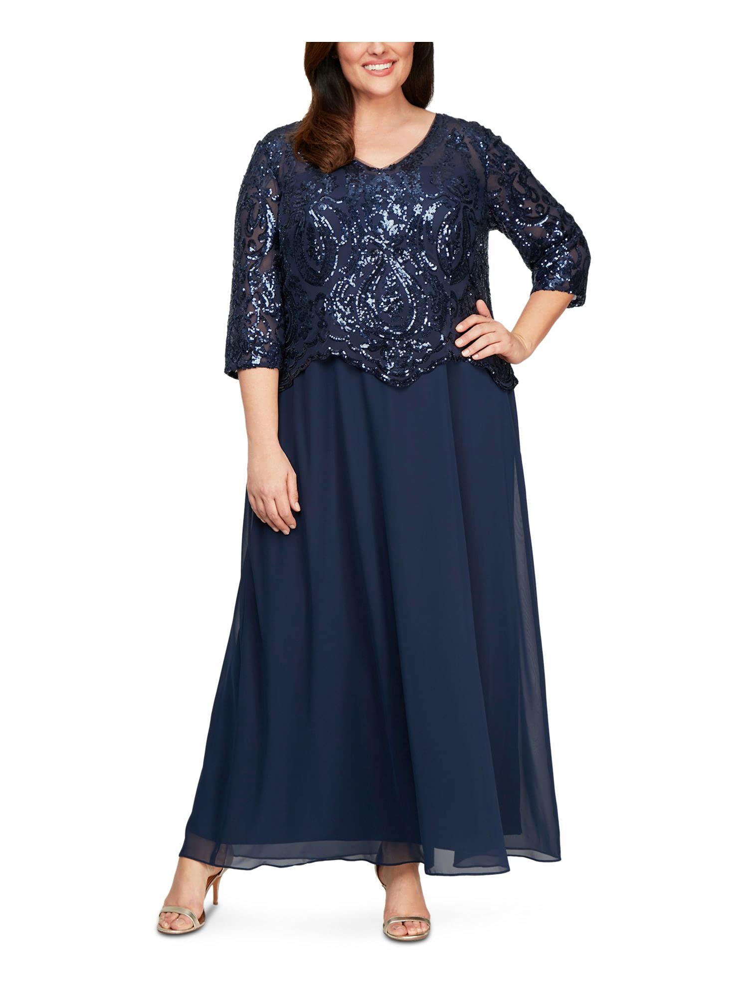 Alex Evenings Women's Plus Size Long Tea-Length Lace Mock Dress - Elegant Formal Attire for Weddings, Parties & Special Occasions