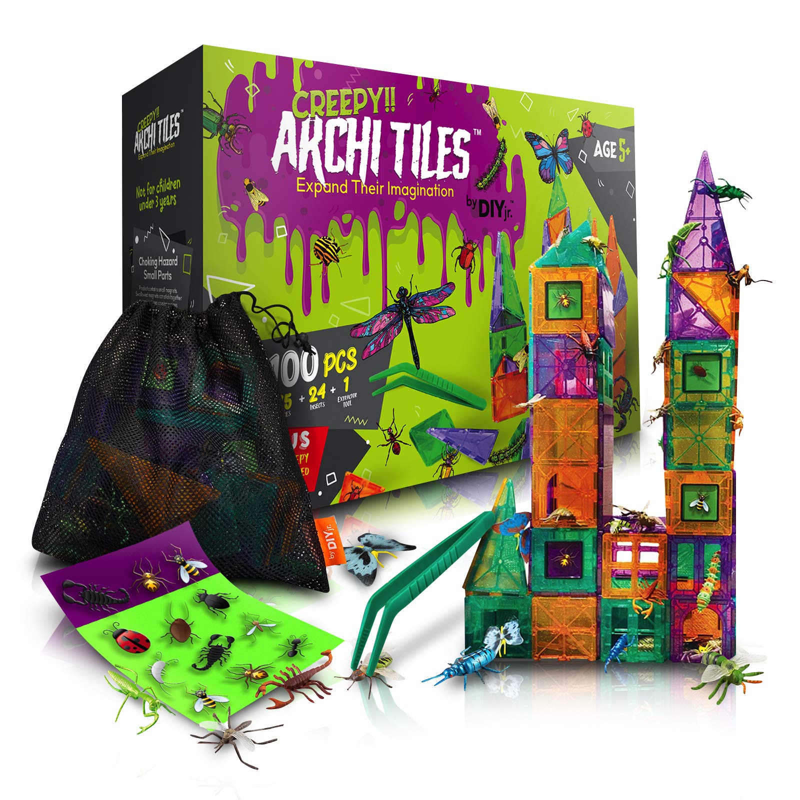 Creepy Archi Tiles - 100pc Magnetic Building Blocks Set for Kids with Bugs, Storage Bag, Stickers & Tweezers - STEM Educational Construction Toys for Toddlers - Perfect for Creative Play, Early Learning & Sensory Development