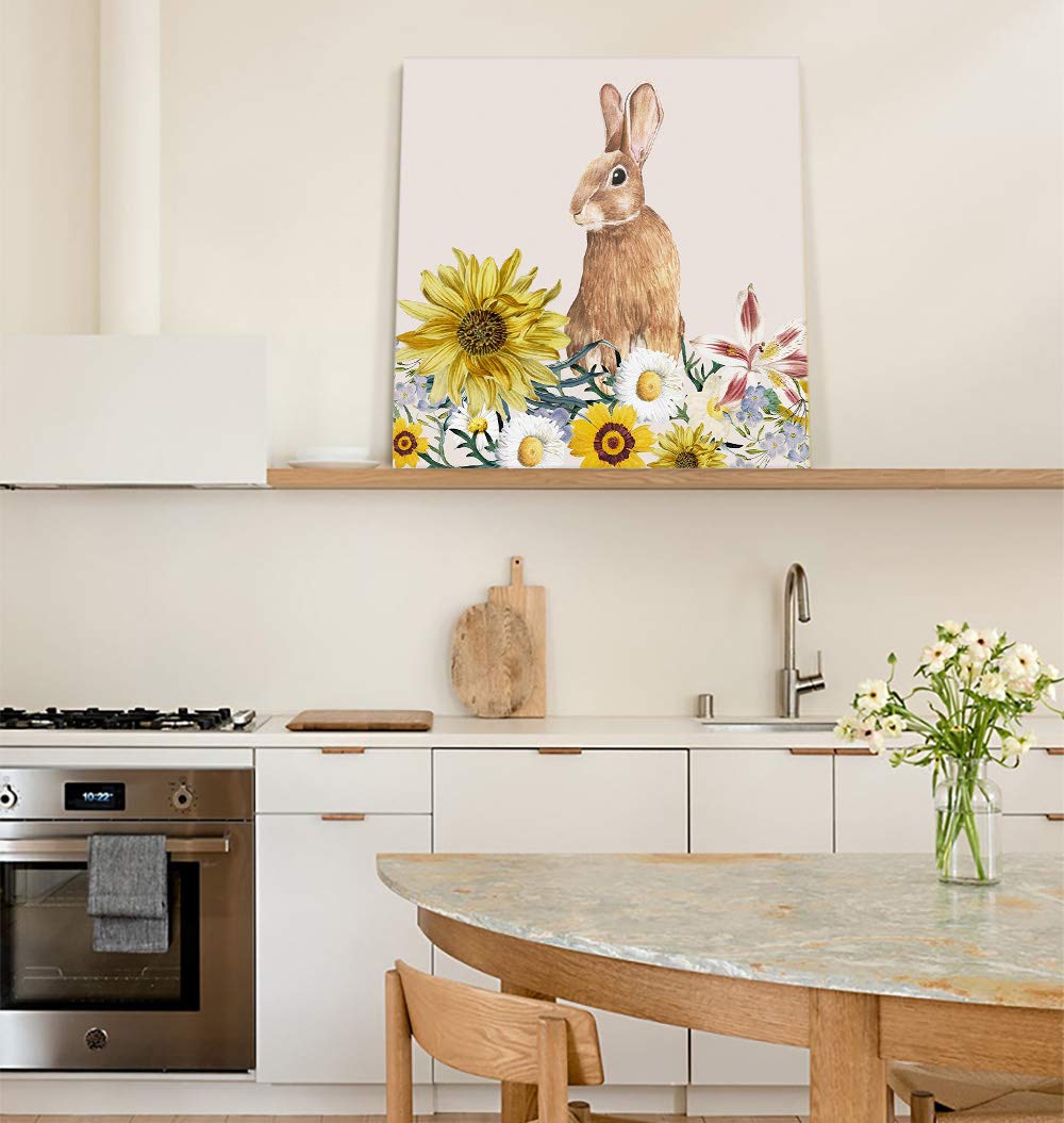 Sunflower Rabbit Easter Day Square Canvas Wall Art - 24x24in Oil Painting for Bedroom & Living Room Decor - Yellow Flower Home Wall Decor Without Frame - Perfect for Spring Decorations & Easter Gift Ideas