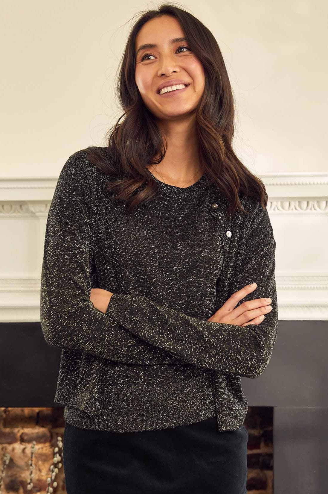 Metallic Knit Cardigan Women's Long Sleeve Open Front Sweater - Black & Gold for Fall/Winter Fashion, Office Wear & Casual Outfits