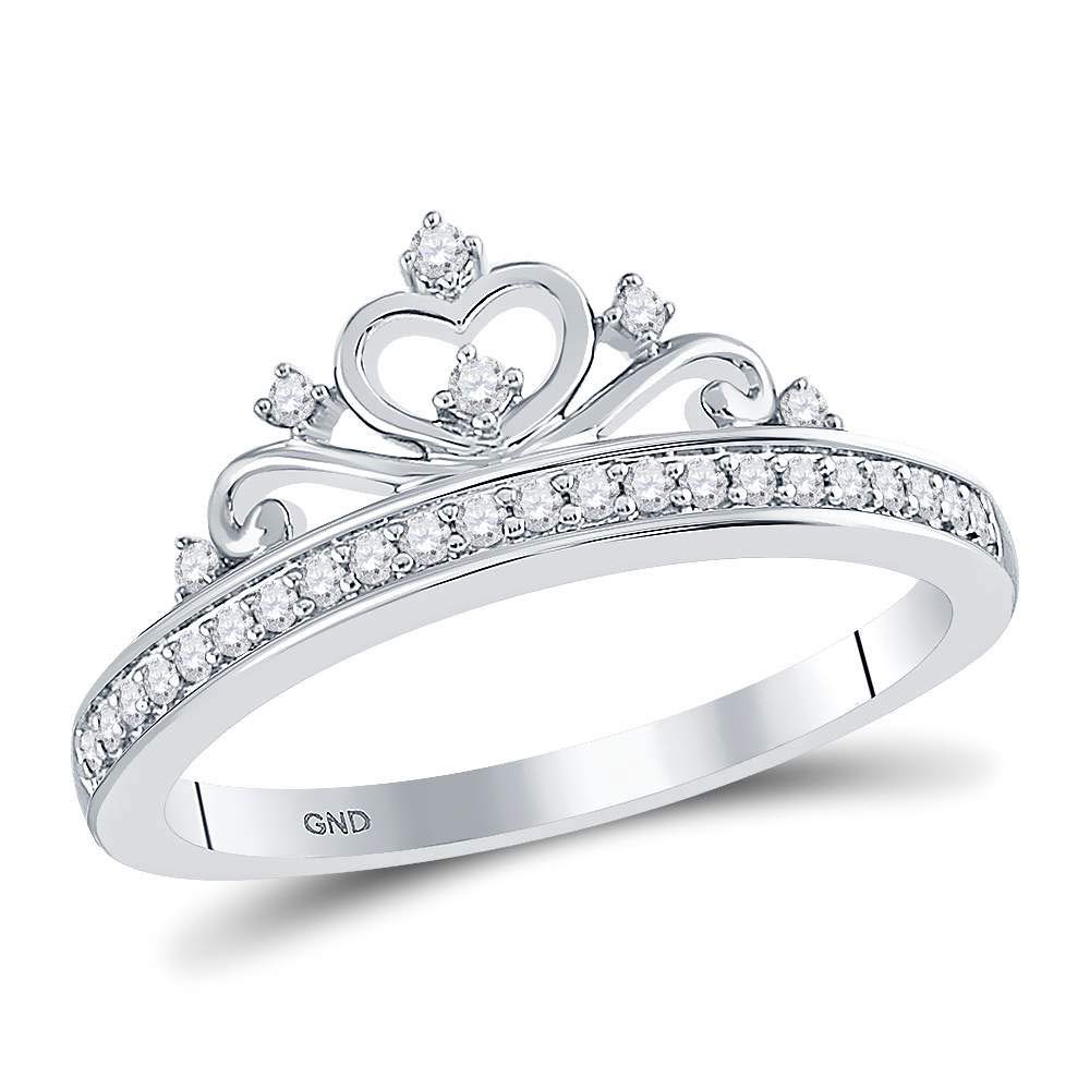 10K White Gold Women's Round Diamond Crown Tiara Fashion Ring - 1/6 CTTW - Elegant Bridal Jewelry for Weddings, Prom & Special Occasions