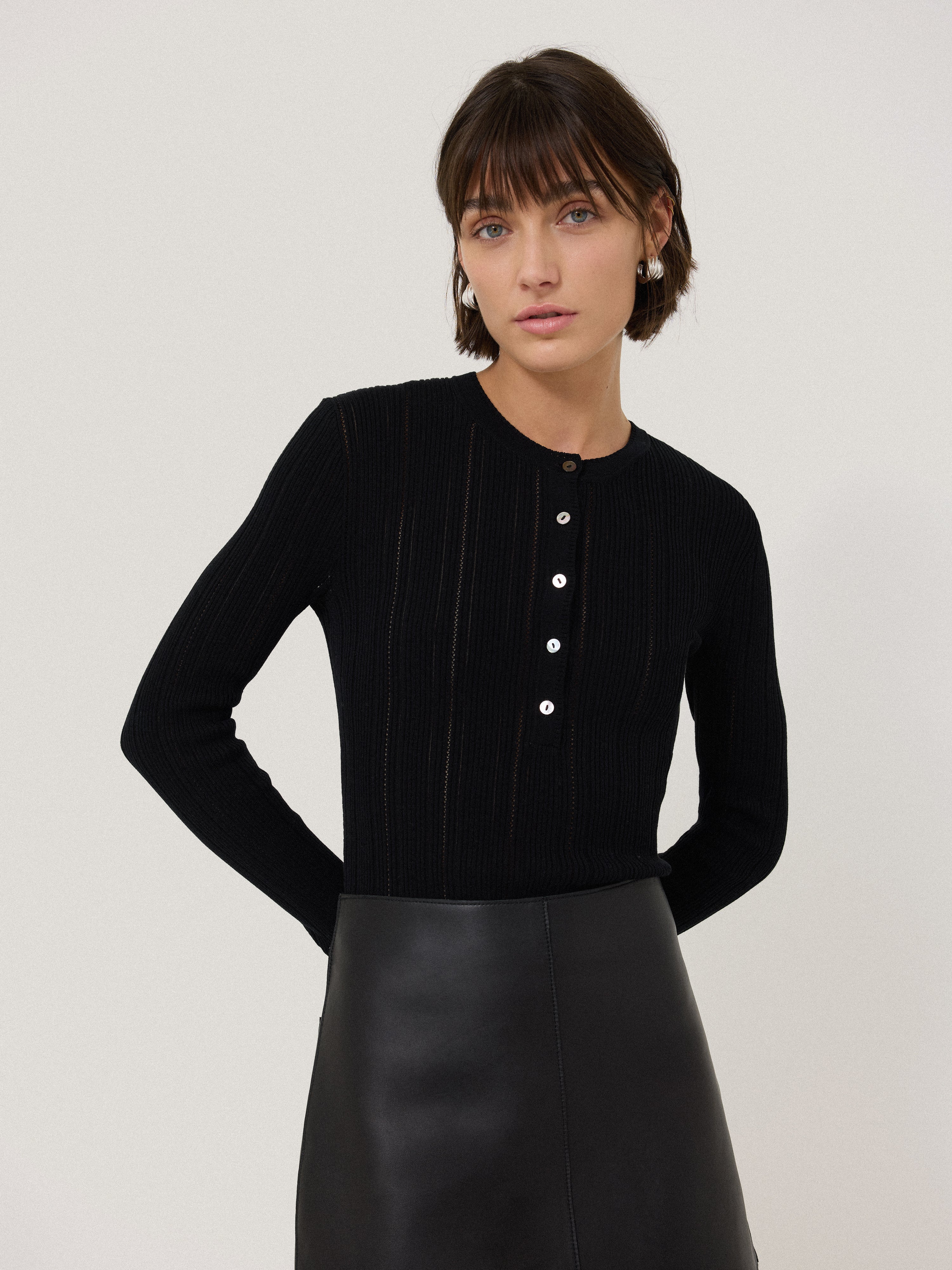 Rib Pointelle Henley Jumper for Women - Soft Knit Pullover Sweater Black | Casual Wear, Layering & Fall Fashion