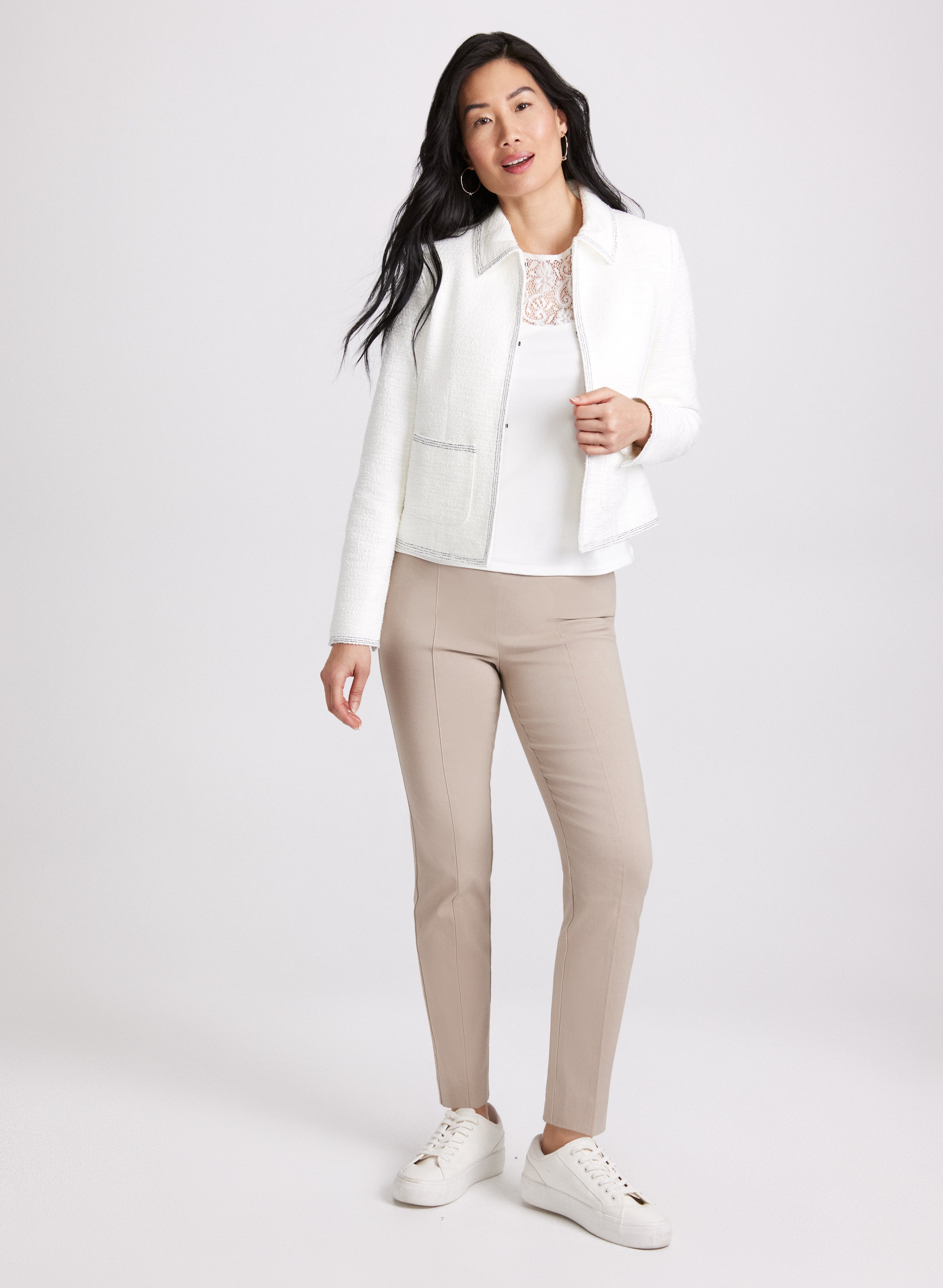 Stylish Contrast Stitch Tweed Jacket & Sofia Slim Leg Pants Set - Women's Fashion Outfit for Work, Office & Special Occasions