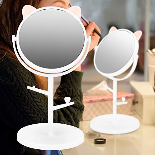 Portable Cat Ear Pink Tabletop Makeup Mirror with Tray - Round Vanity Mirror for Women & Girls, Perfect for Dressing Table, Bedroom, Travel & Gift Giving