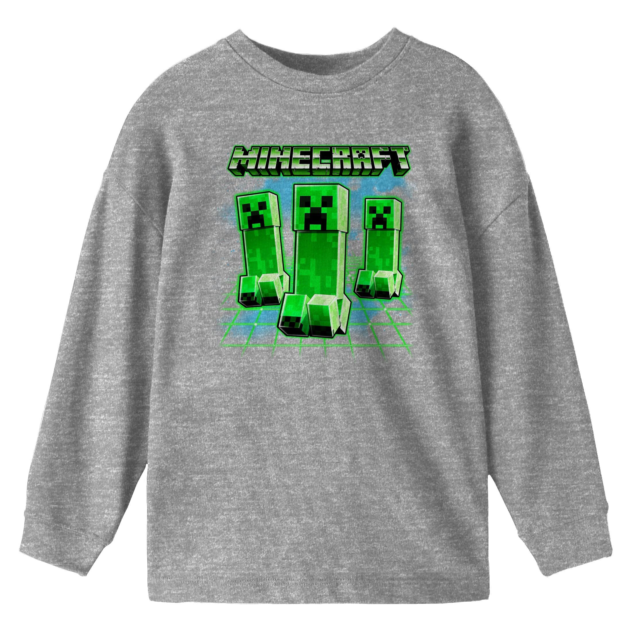 Minecraft Creeper Print Boys' Long Sleeve Athletic Shirt - Comfortable Heather Grey Gaming Tee for School, Playdates & Video Game Parties