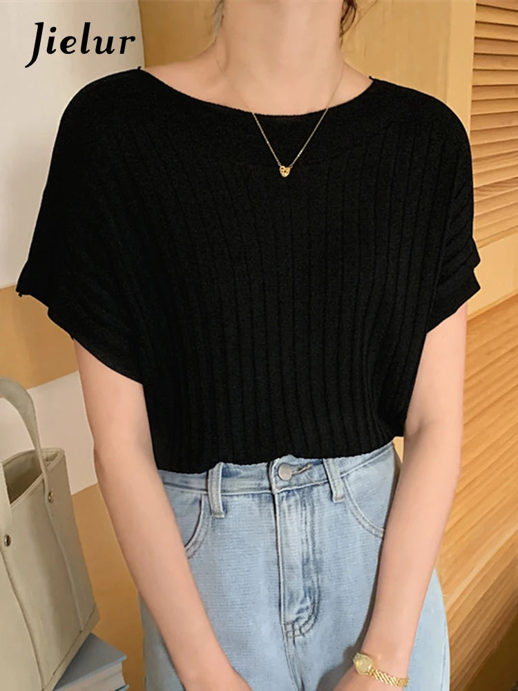 Batwing Sleeve Knitted Women's Blouse - Slash Neck Solid Color Summer Top | Korean Style Fashion Chic Tops for Casual Wear, Office & Date Night Outfits