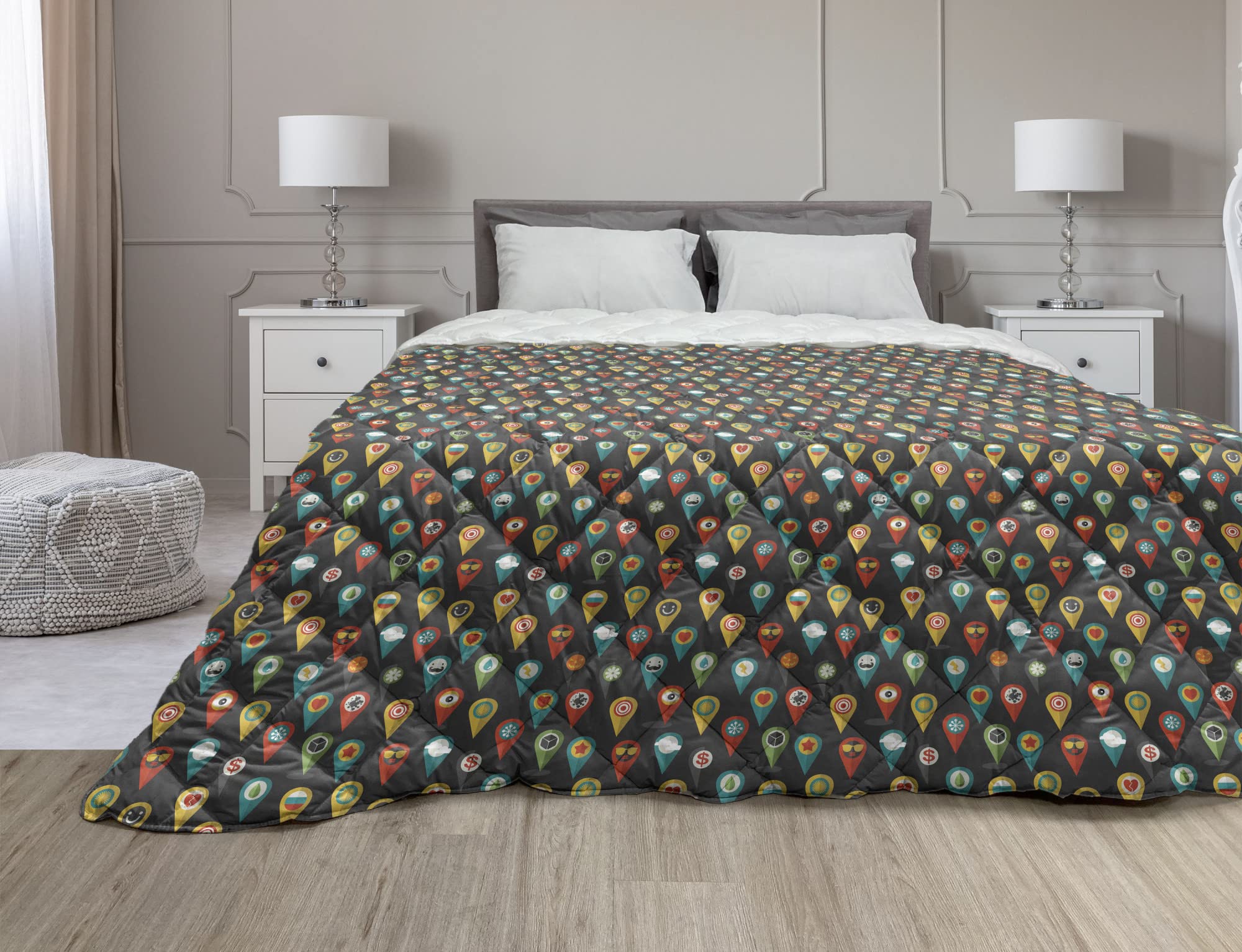 Ambesonne Travel Themed Down Alternative Comforter - Geometric GPS Navigation Print All-Season Microfiber Quilt - Twin XL Size Dark Grey Multicolor - Perfect for Adventure Lovers' Bedrooms, Dorms & Guest Rooms