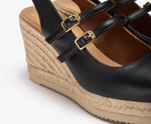 UNISA CYNTIA Black Leather Espadrille Sandals with Adjustable Ankle Straps - Comfortable Summer Wedges for Women, Perfect for Beach, Vacation & Casual Outings