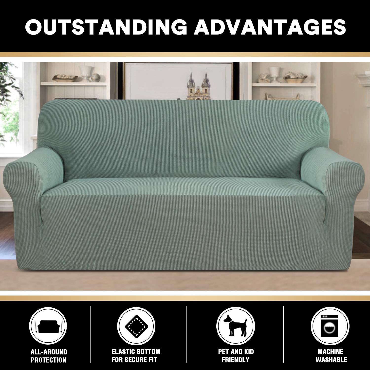 **PrinceDeco 3-Cushion Couch Cover – Extra Large Pet-Friendly Sofa Slipcover – Washable Furniture Protector for Oversized Couches – Stays in Place (XL, Sage Green) – Perfect for Living Rooms, Family Rooms & Pet-Friendly Homes**