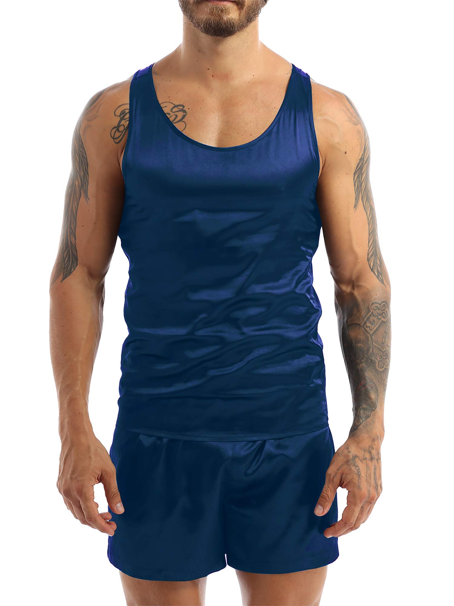 FEESHOW Men's Satin Pajama Set - Breathable Sleepwear Vest & Shorts for Lounge, Nightwear & Summer Comfort - Perfect for Home Relaxation, Vacation & Bedtime