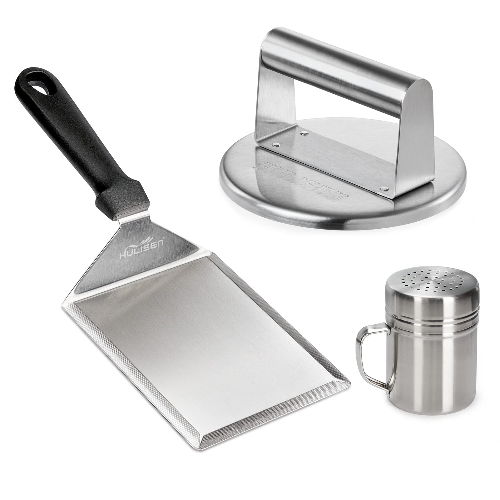HULISEN Smashed Burger Press Kit - Stainless Steel Burger Smasher with Edge, Grill Spatula & Spice Shaker - Perfect for Griddle Cooking, BBQ, Backyard Grilling & Restaurant Use - Ideal Gift for Burger Lovers