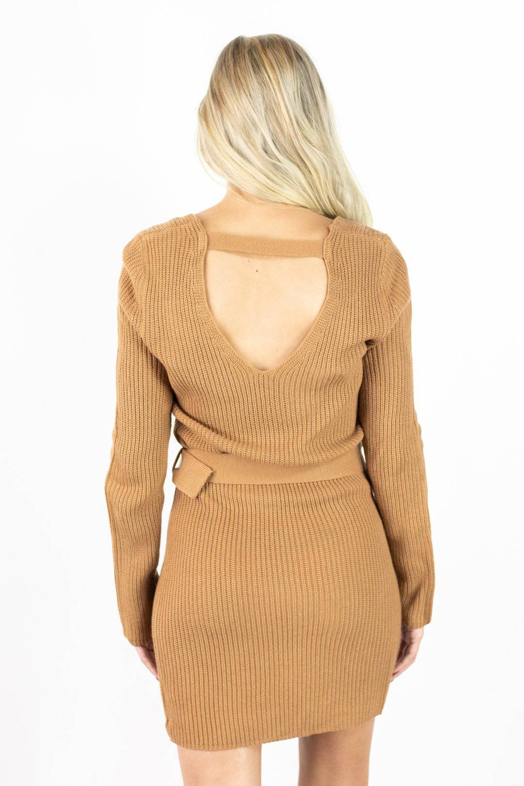 Sexy Bodycon V-Neck Open Back Dress in Tan - Perfect for Night Out, Party & Date Night