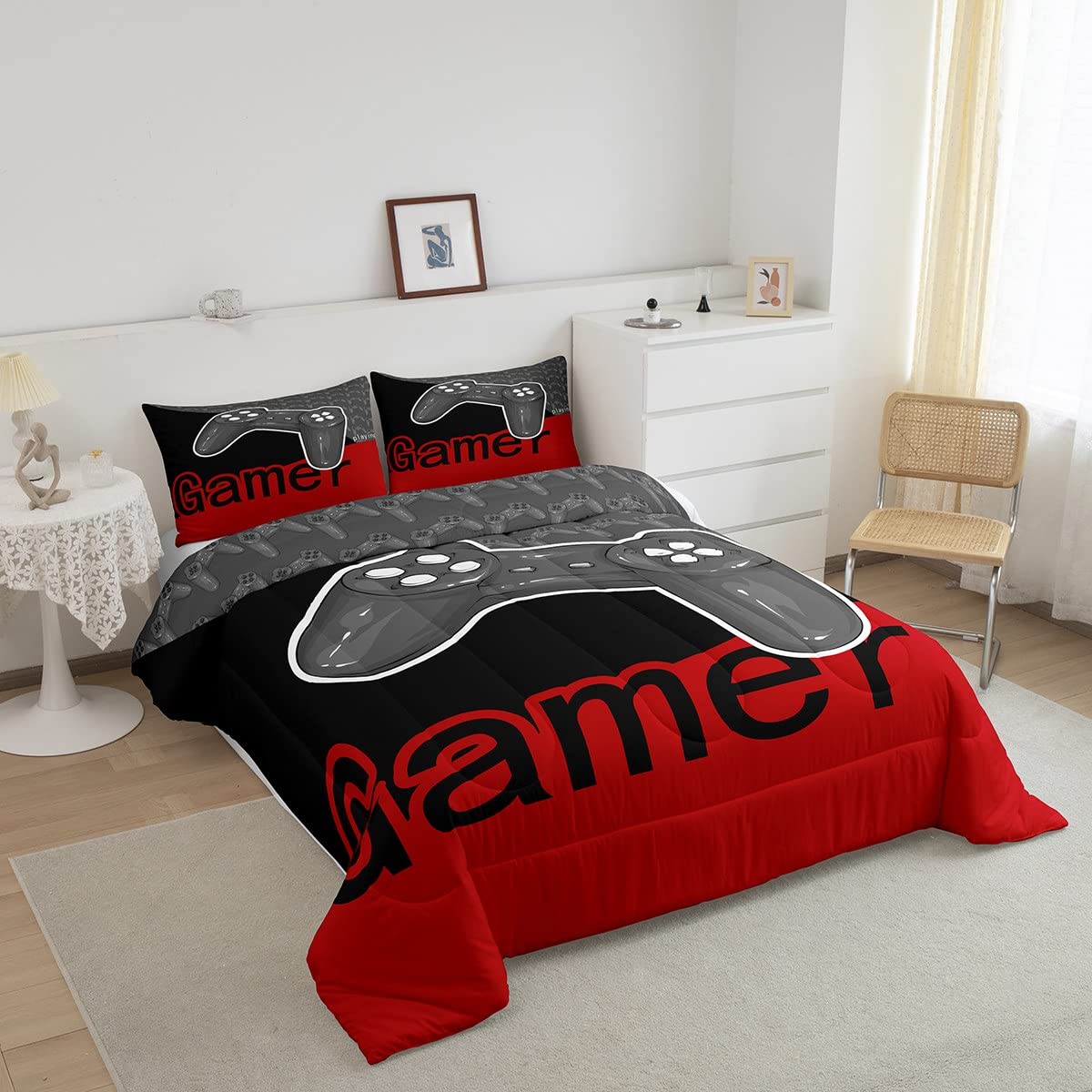 Erosebridal Boys Full Bedding Sets - Soft Gaming Comforter Sets for Kids & Toddlers, Red and Grey Bedding Collection - Perfect for Kids' Rooms, Sleepovers, and Gaming Themed Bedrooms