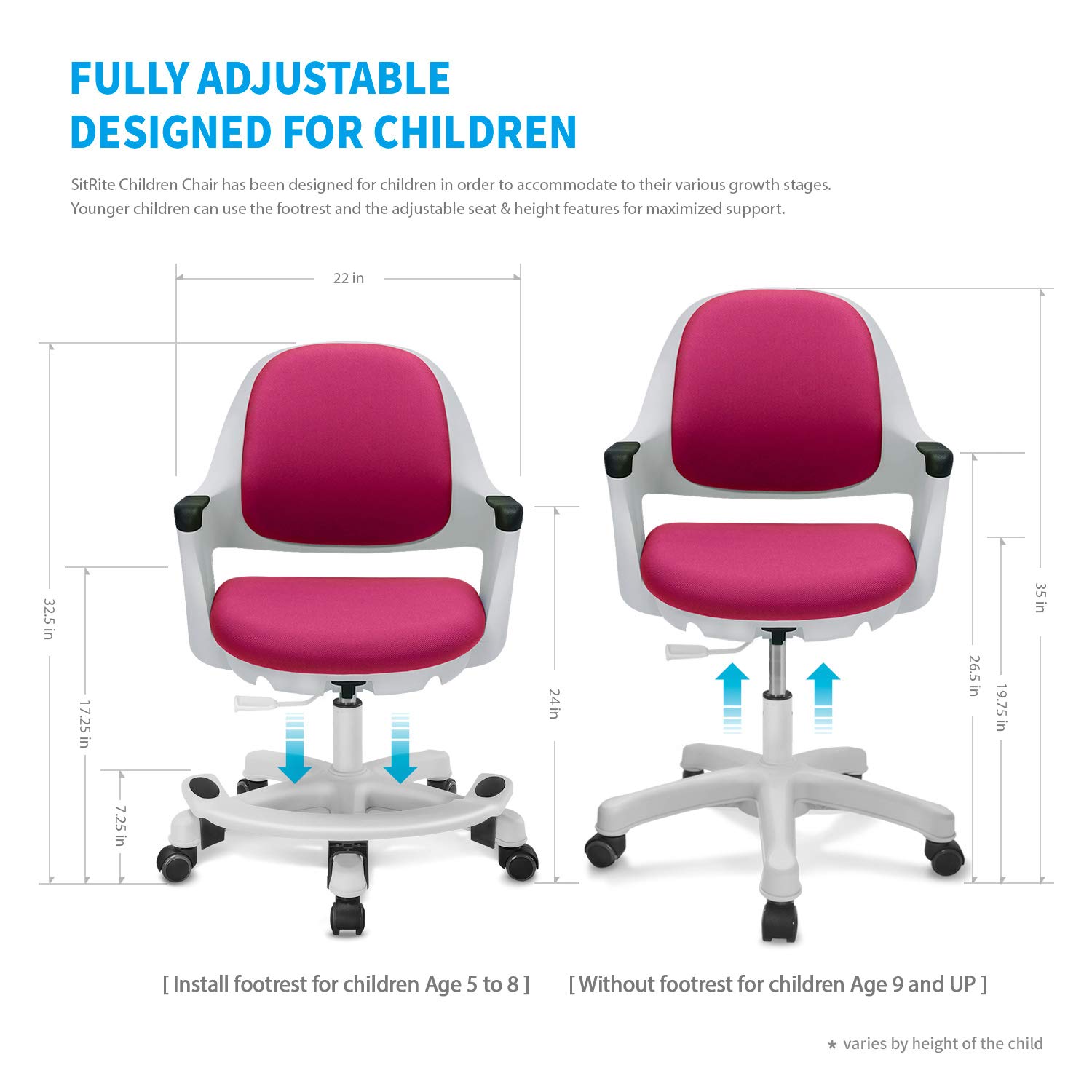 Ergonomic Kids Desk Chair with Adjustable Height & Footrest - Comfortable Cushion & Smooth Rolling Wheels - Study & Computer Chair for Children & Students (Rosie Pink) - Perfect for Homework, Online Learning & Gaming Setup