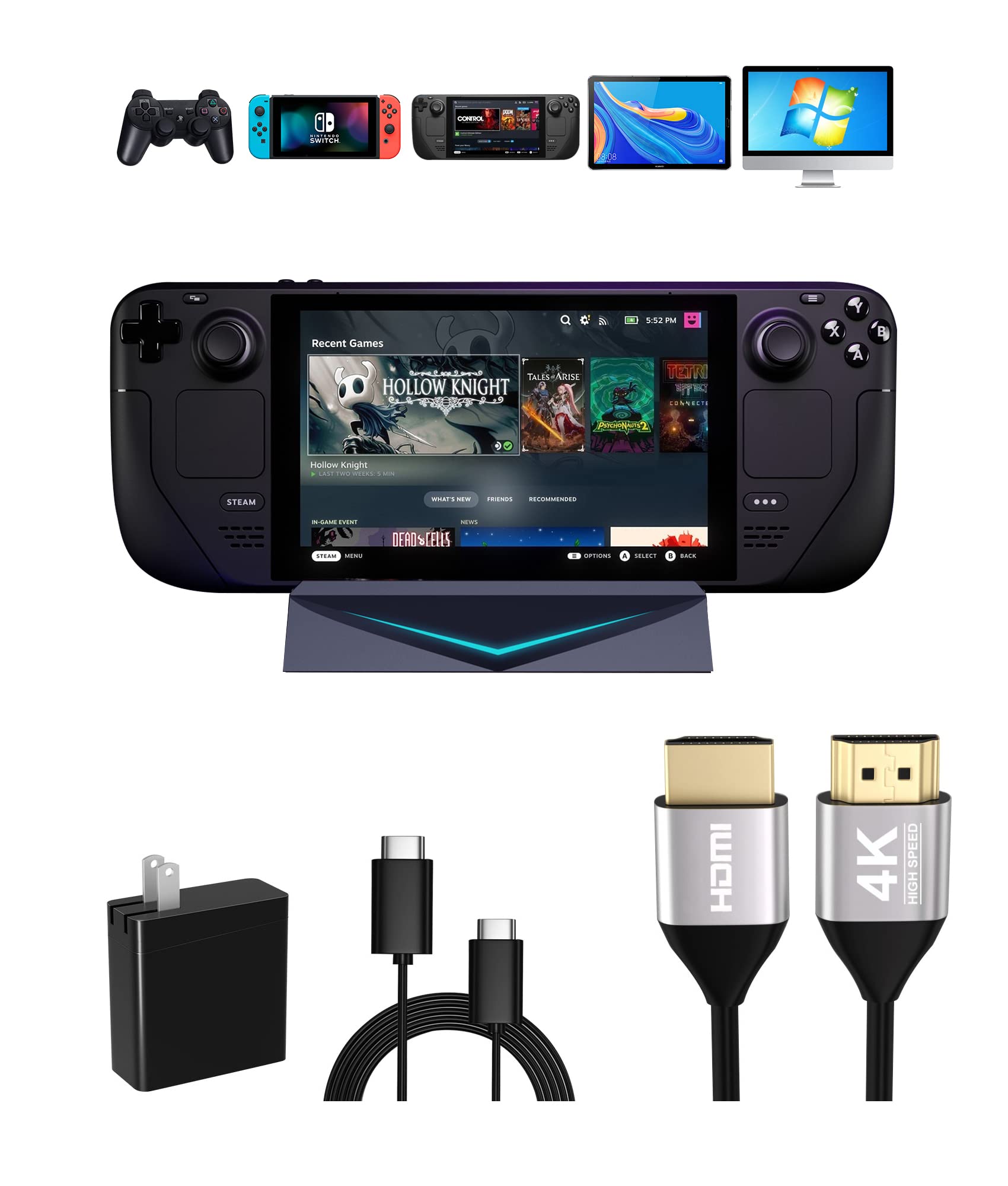 Steam Deck Dock with HDMI Cable & 45W USB-C Fast Charger - 6-in-1 Docking Station for Steam Deck with 4 USB 3.0 Ports, 4K/1080P Output - Perfect for Gaming, Streaming & Work Setup