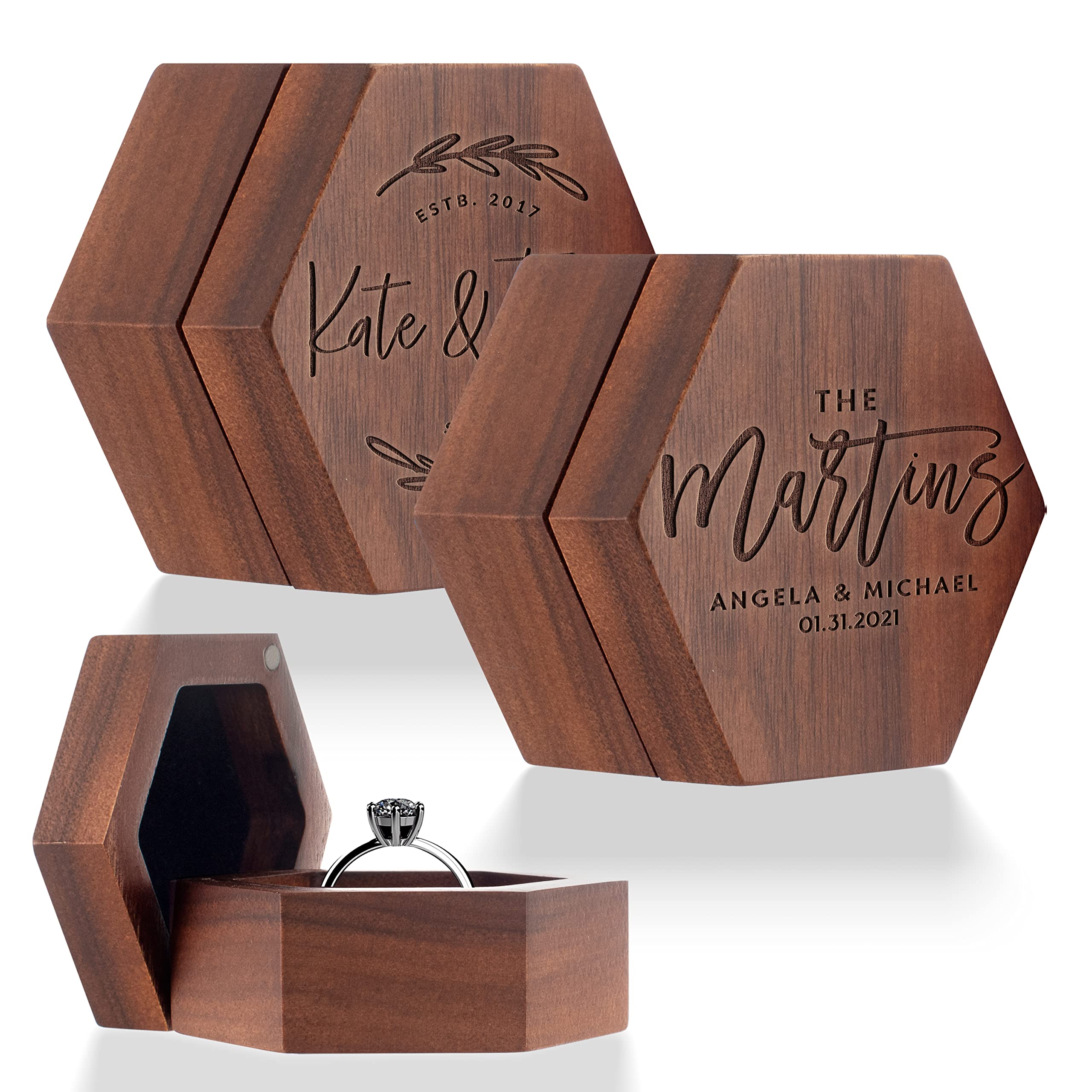 Personalized Wooden Ring Box - Custom Hexagon Ring Bearer Box for Wedding & Engagement - Engraved with Names & Family - 8 Unique Designs - Perfect for Proposals, Ceremonies & Keepsakes - Romantic Gift for Couples
