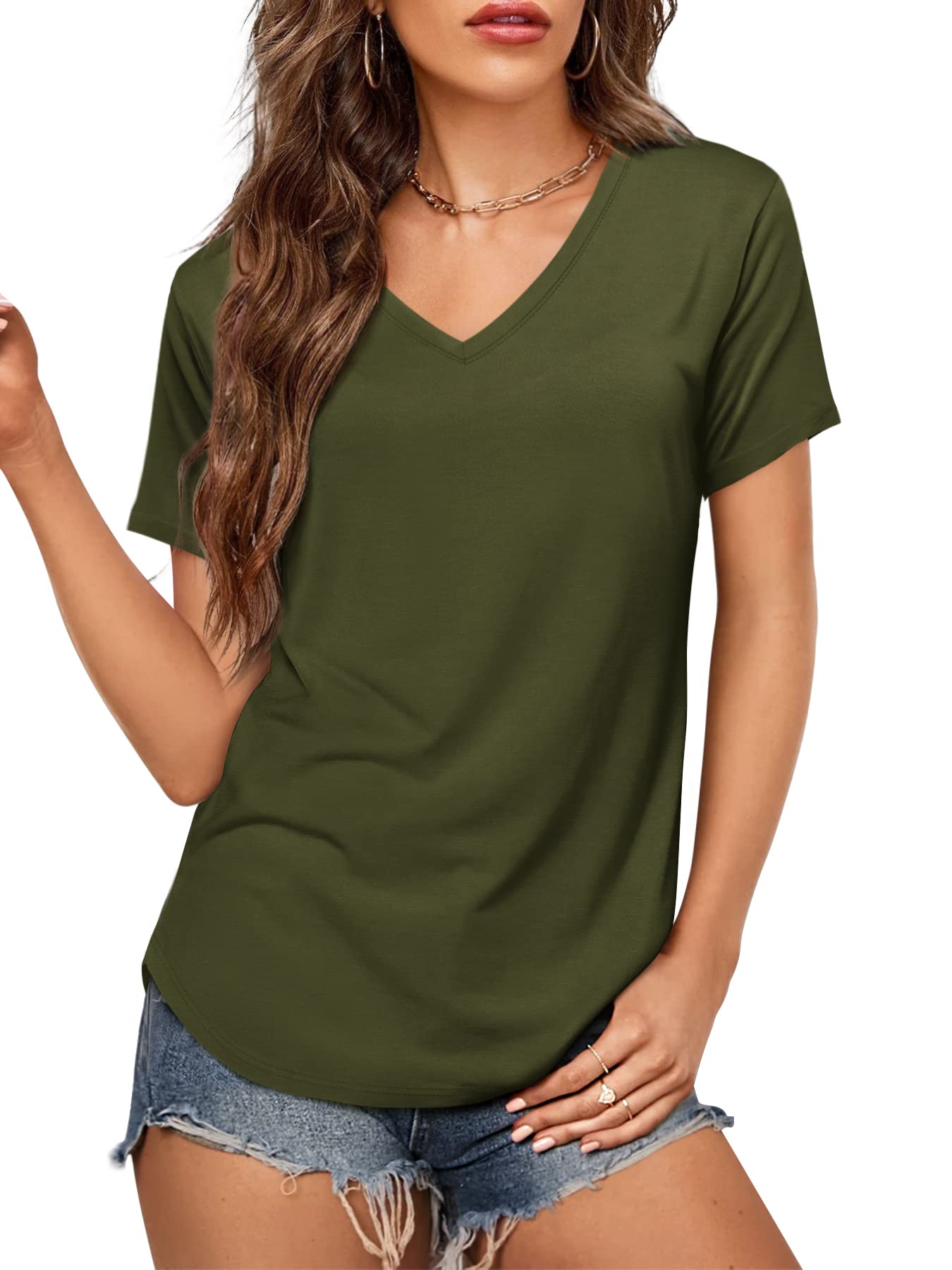 Amoretu Women's Casual Short Sleeve V-Neck Cotton T-Shirt - Summer Comfort Tee for Everyday Wear, Outings & Relaxation
