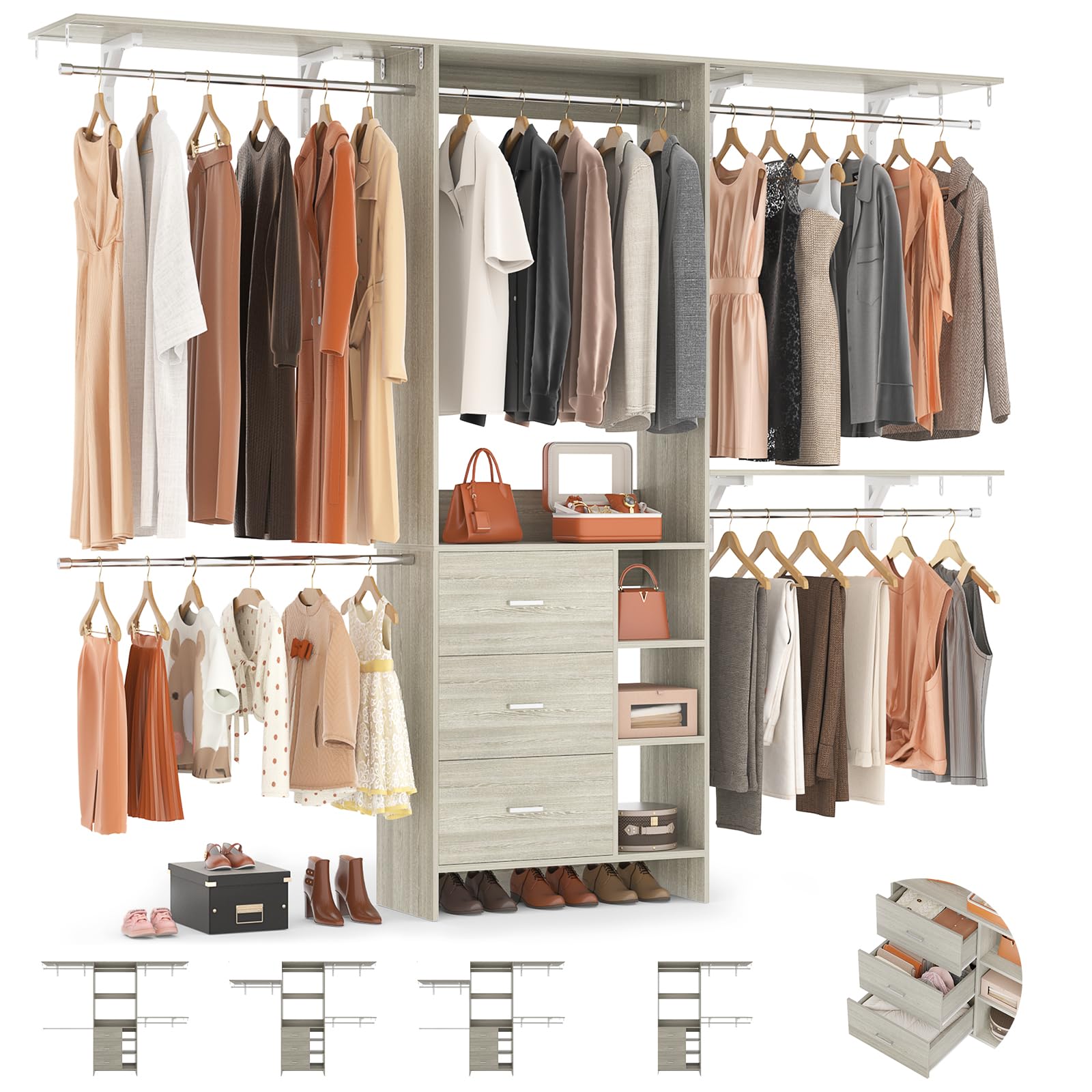 Aheaplus 8FT Walk-in Closet Organizer System with 3 Wooden Drawers - Fits 5.3-9 ft Closets, White Oak Finish | Perfect for Bedroom Storage, Wardrobe Organization & Small Space Solutions