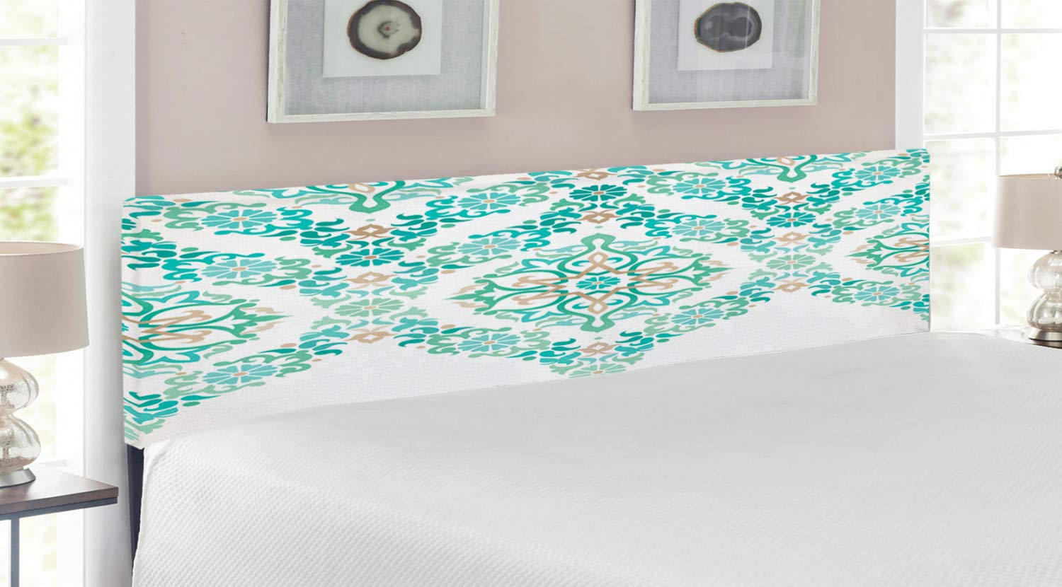 Ambesonne Traditional Upholstered Headboard - King Size Gothic Style Bed Headboard with Memory Foam in Green Tan | Vintage Middle Age Symmetrical Design | Perfect for Bedroom Decor, Guest Rooms & Gothic Themed Interiors