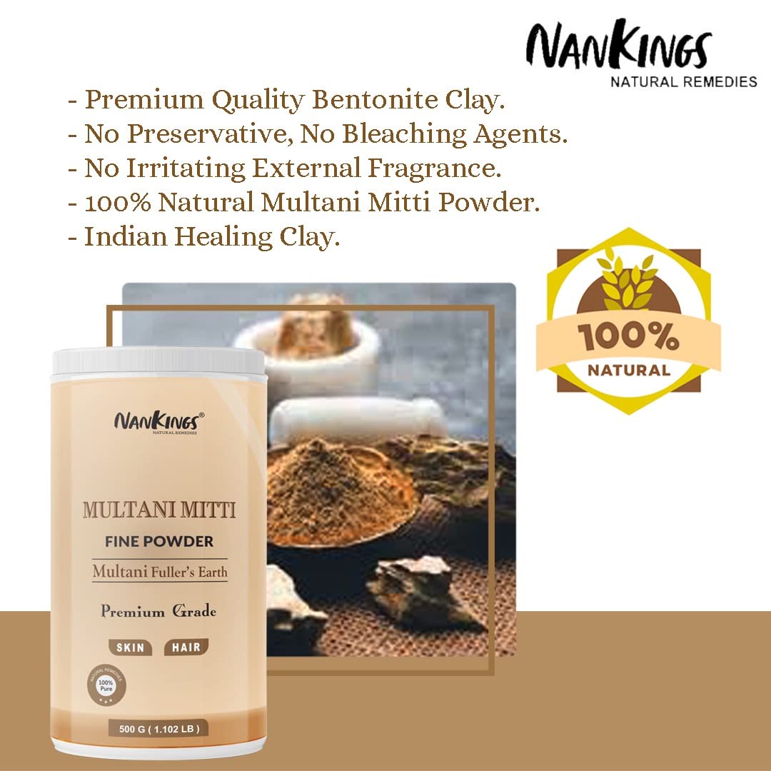 Nankings Multani Mitti - 100% Natural Fuller's Earth Clay for Skin Care, Face Mask & Hair Treatment | Deep Pore Cleansing & Detoxifying | 500g in Air-Tight Storage Jar | Perfect for Spa, Facial & Home Beauty Treatments