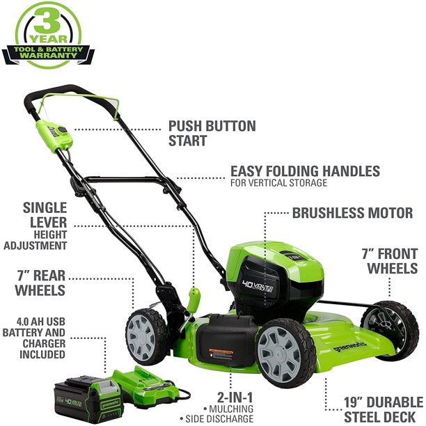 40V 19-Inch Cordless Battery Push Lawn Mower with 4.0Ah USB Battery & Fast Charger - Perfect for Small to Medium Yards, Eco-Friendly Grass Cutting