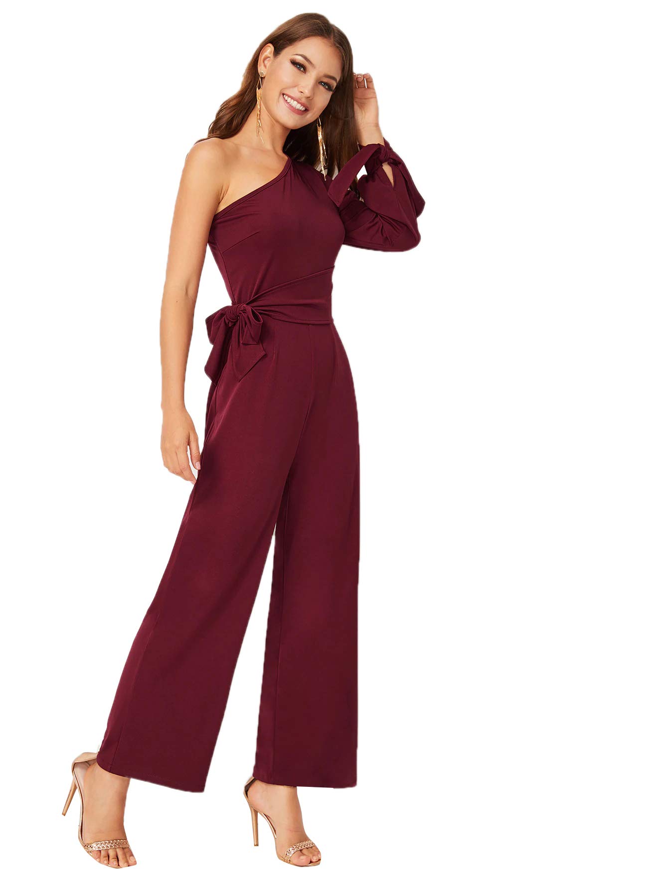 SweatyRocks Women's One Shoulder Tie Waist Wide Leg Jumpsuit - Elegant Long Romper for Summer Beach, Party & Casual Outfits